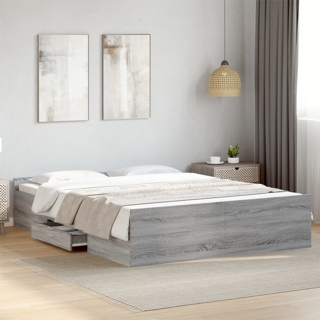 Cadre de lit et tiroirs sonoma gris 140x200cm bois d'ingénierie | Leroy ...