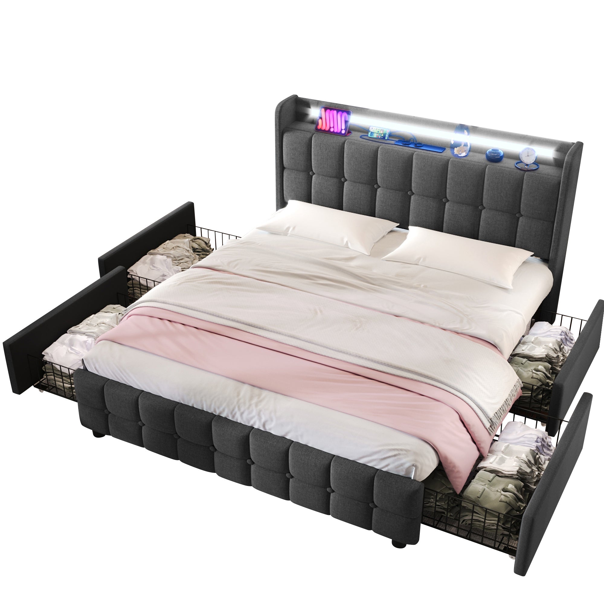 Cama tapizada 160x200cm en lino - con LED y puertos de carga USB - 2 cajones - Gris - 7