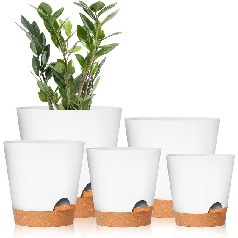Zestaw 5 białych doniczek samonawadniających o średnicy 7/6,5/6/5,5/5 cali z otworami drenażowymi, plastikowe doniczki, odpowiednie do każdego ogrodu.