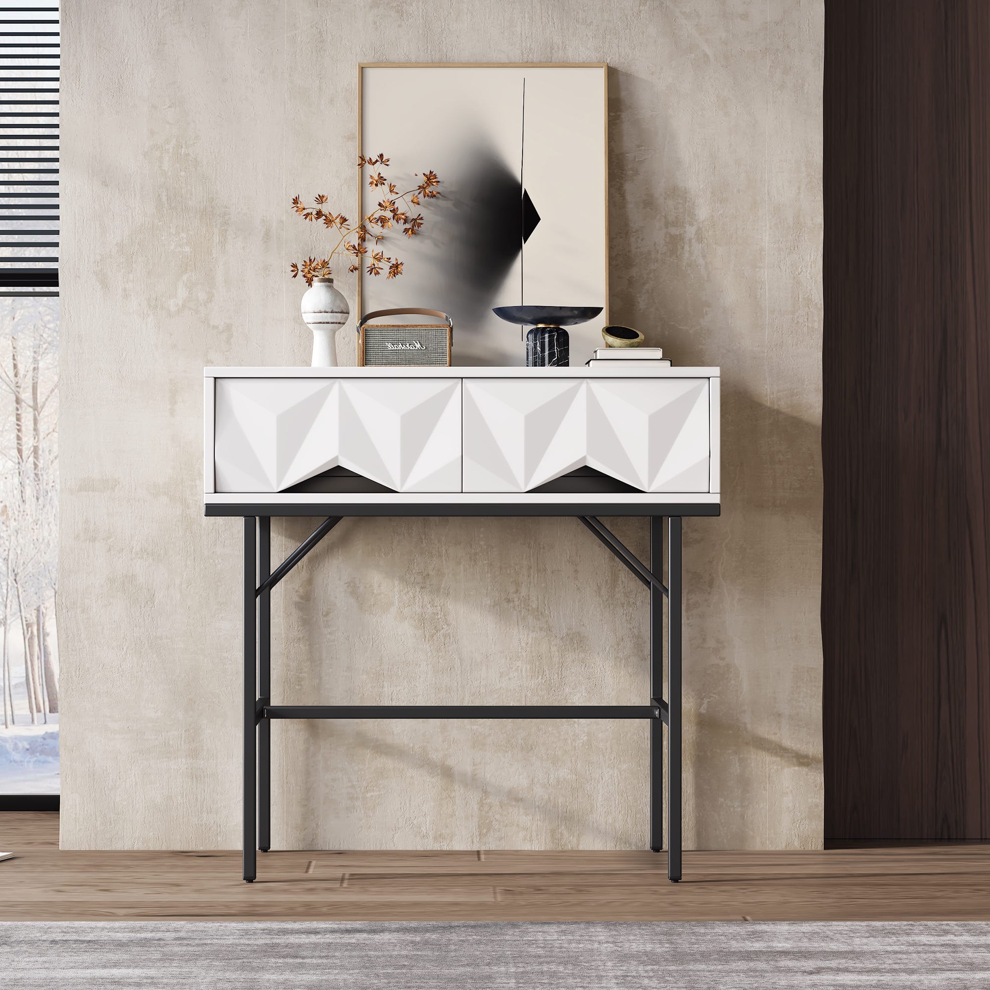 Table console moderne, design creux à 2 tiroirs, Blanc & Noir | Leroy ...
