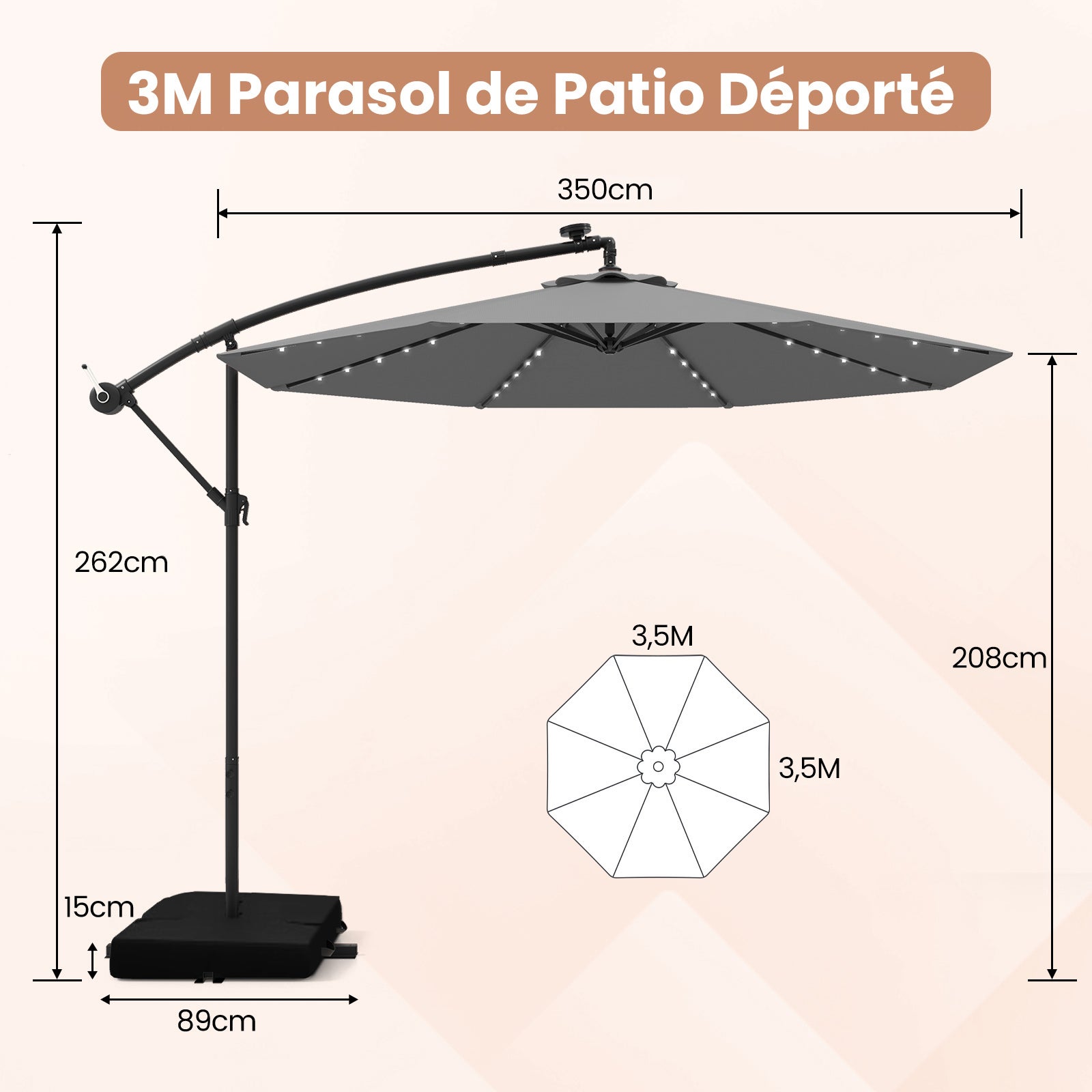 Guarda-sol inclinável 3,5x3,5 m, guarda-sol de jardim exterior luminoso solar com 2 sacos de areia, proteção UV - 4