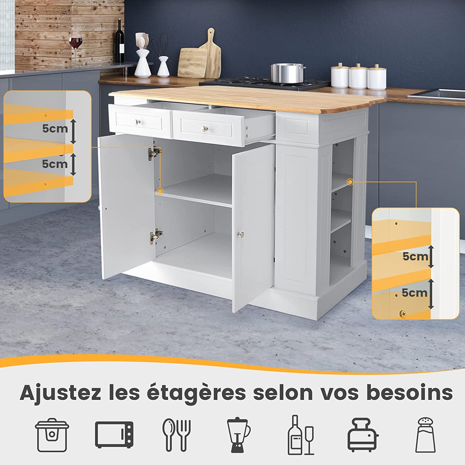 Credenza da Cucina in Legno, Isola da Cucina con Contenitore, con Ripiani Regolabili a 3 Livelli, 120 x 61 x 92 cm, Carico 200 kg (Bianco) - 2