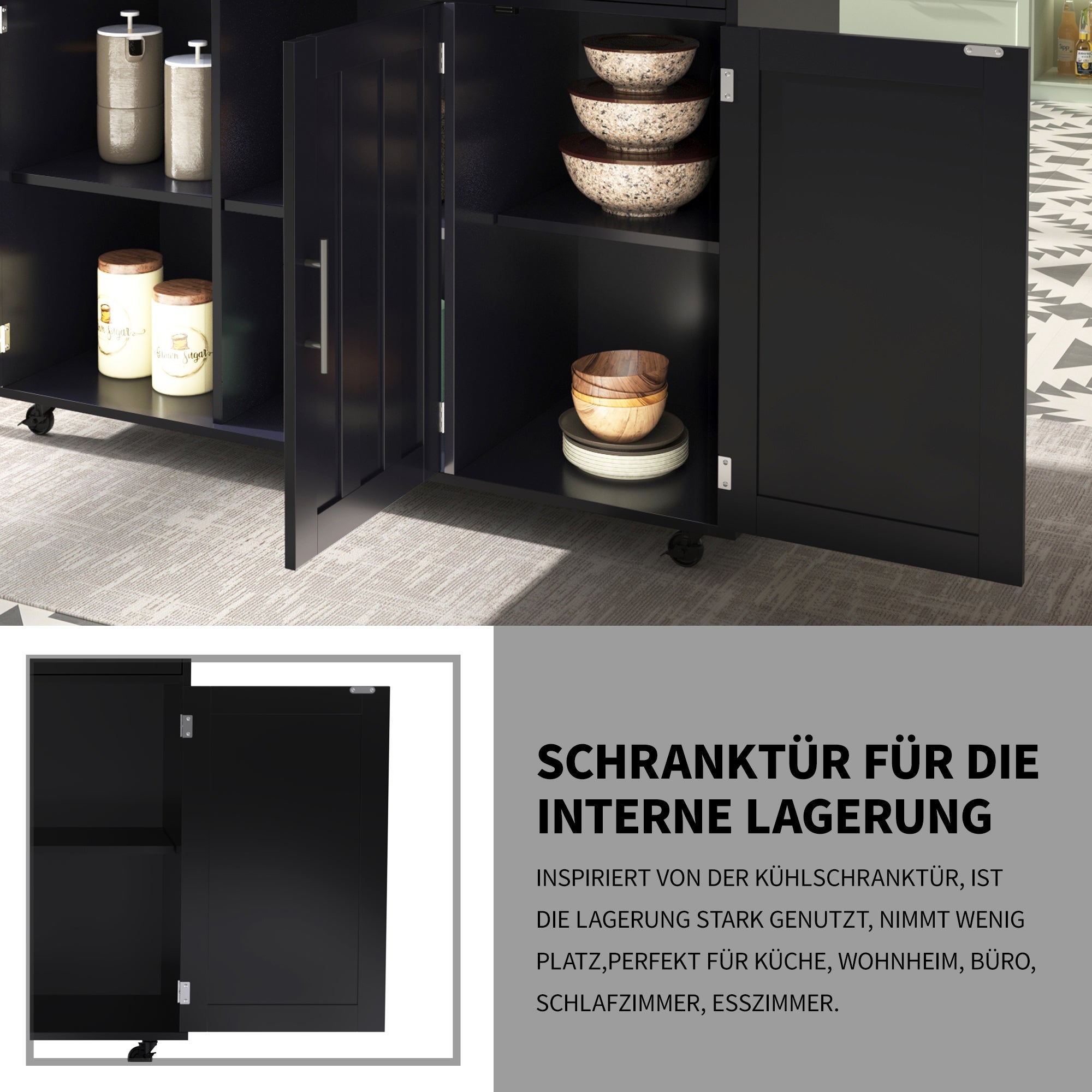 Îlot de cuisine avec plateau pliable et 5 roulettes, 129×46-71×91,5 cm,Desserte de cuisine avec espace de rangement, 2 tiroirs et 3 portes,Noir - 6