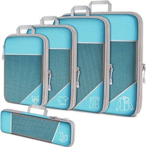 Set di 4 cubi a compressione, organizer per bagagli da viaggio in rete espandibile, organizer portatile per valigie, set per abbigliamento, biancheria intima, scarpe (blu
