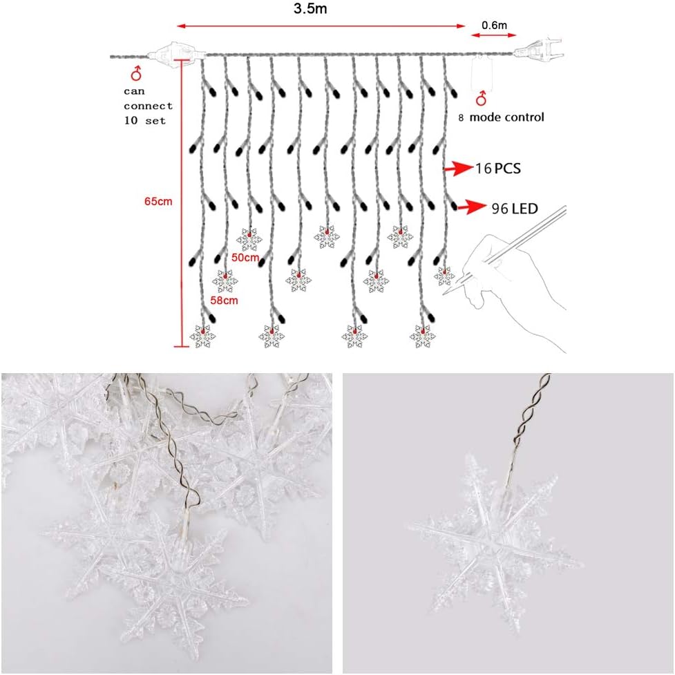 Rideau lumineux flocon de neige, guirlande lumineuse 4M, décoration de fenêtre, noël, mariage, anniversaire-blanc chaud - 5