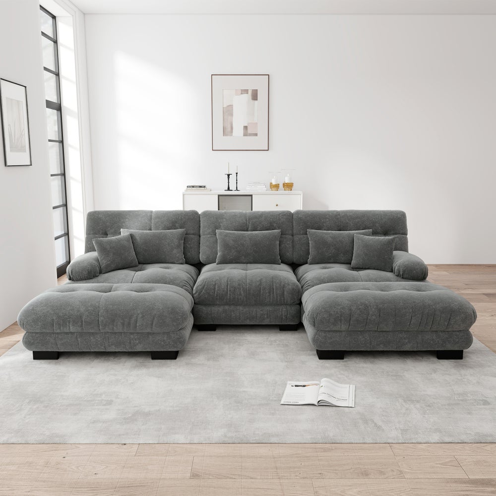 Sofa narożna, w kształcie litery U, duża, modułowa, z tkaniny szenilowej, głębokie siedzisko, z pufem, szara