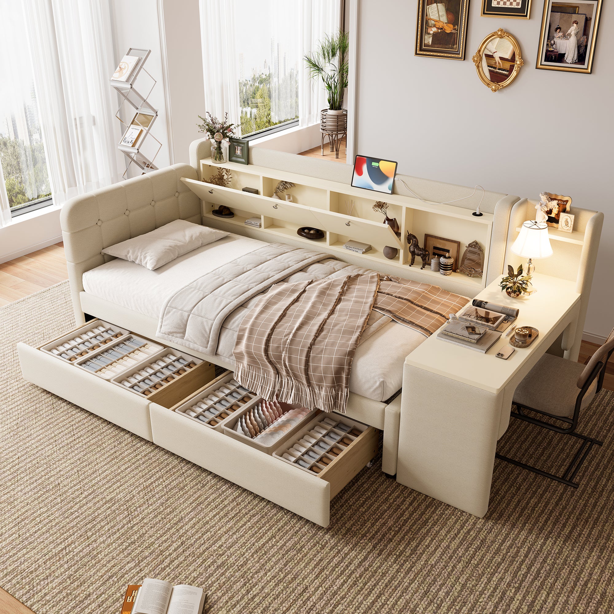 Daybed 90x200 cm z poduszką, 2 szufladami do przechowywania i biurkiem - Tkanina beżowa - USB + Type C - Kompartament do przechowywania Flip Top