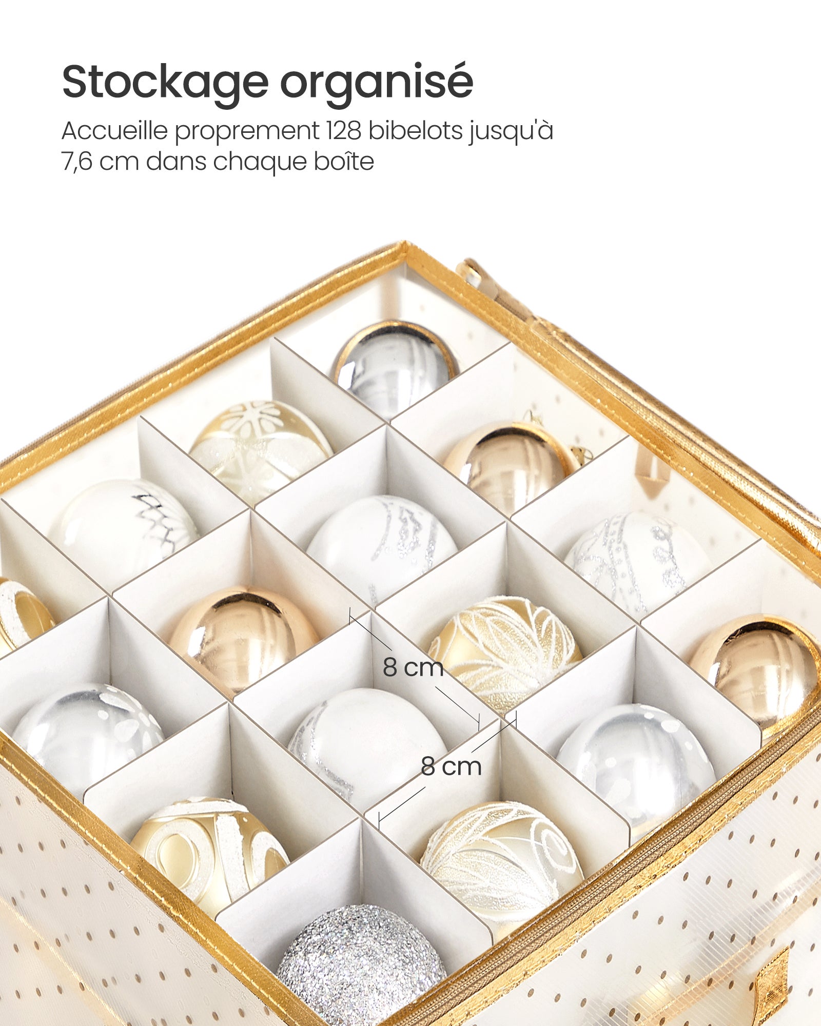 Boîtes de Rangement pour Noël, Coffre pour Boules de Noël et Décorations, 128 Compartiments, Séparateurs Modulables, 64,5 x 33,5 x 34 cm, Doré Sable - 4