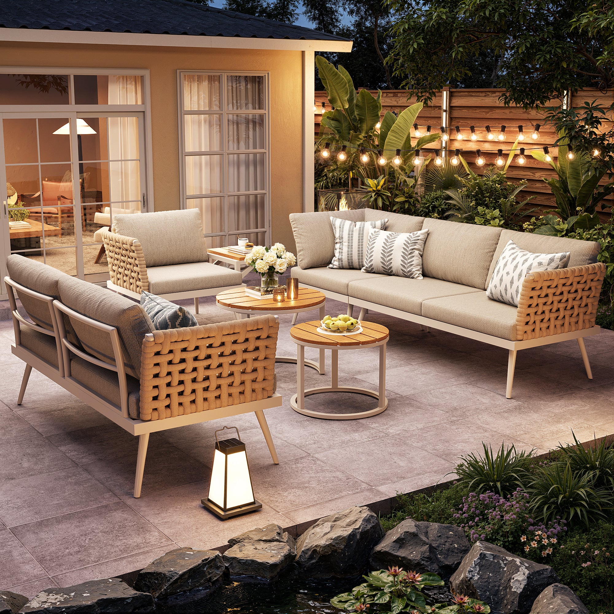 Salon de Jardin Exterieur pour 6 places,avec 2 tables basses en bois,Canapé d'angle extérieur en forme de L,avec coussin,Main courante tressée, Beige - 2