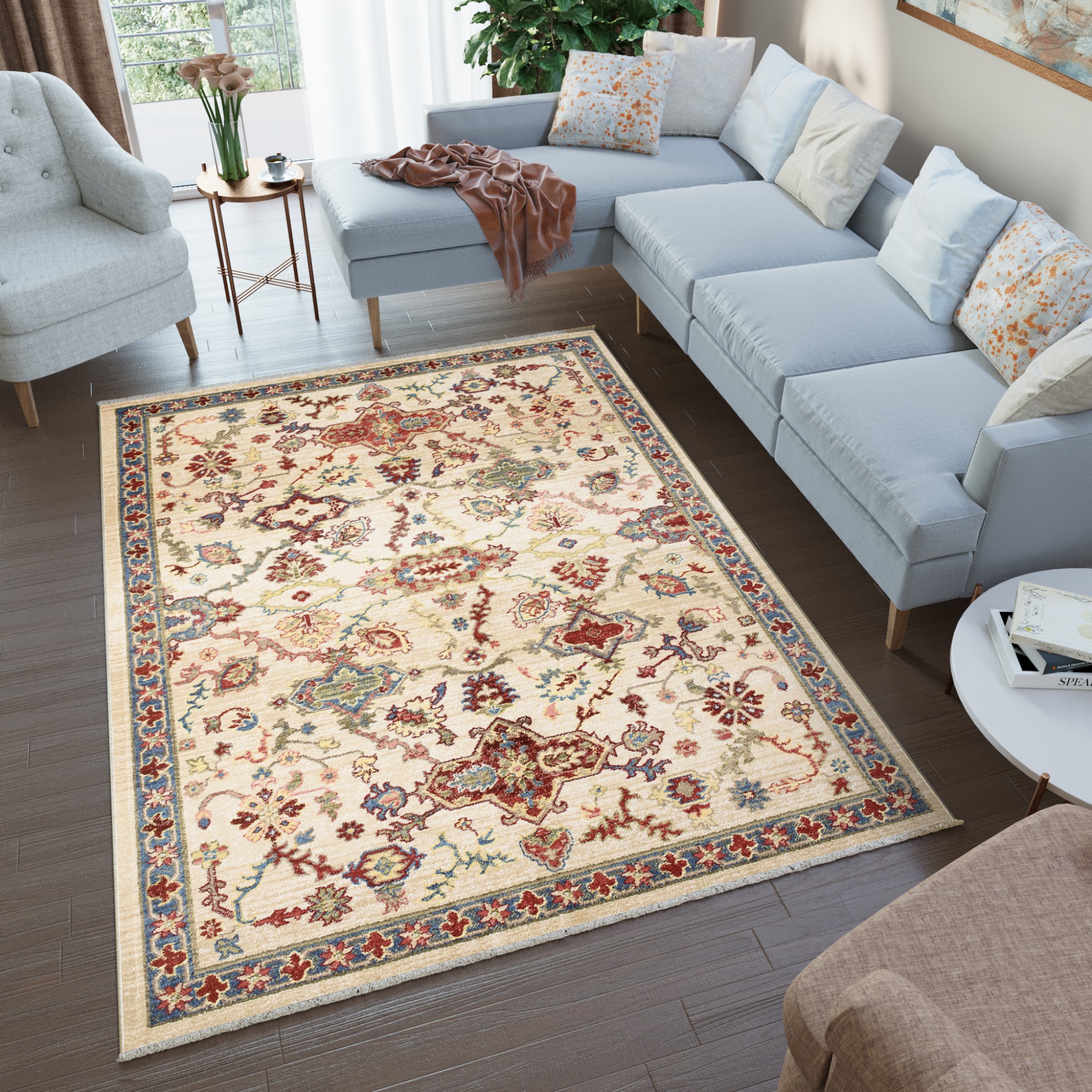 Tapiso rivoli alfombra de salón sala de estar clásico vintage borlas beige rojo azul verde pelo corto 160 x 225 cm