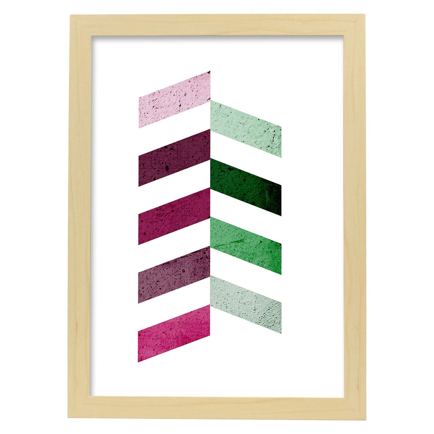 Poster con dibujo de geometria colorida. lamina lilas verdes vertical, ilustrada con con formas y figuras llenas de color. marco blanco - a3
