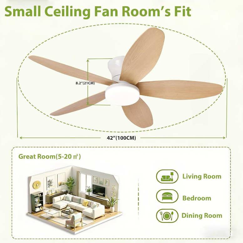 Ventilateur de plafond avec lumière et télécommande, ventilateur de salon à 5 lames à intensité variable, plafonnier pour chambre,plafond,Chêne,100cm - 5