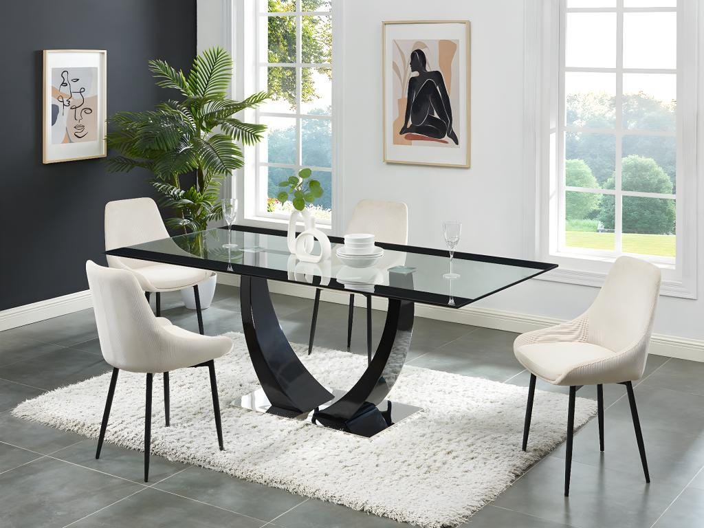 Table à manger 8 personnes en verre trempé, MDF et acier inoxydable