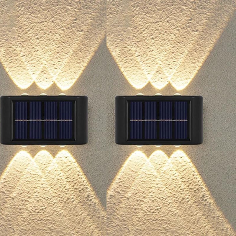 Solarna lampa 6LED na ogrodzenie, wodoodporny kinkiet solarny na taras, schody, patio, do ogrodu i na werandę, światło ciepłobiałe 3000K (2 sztuki).