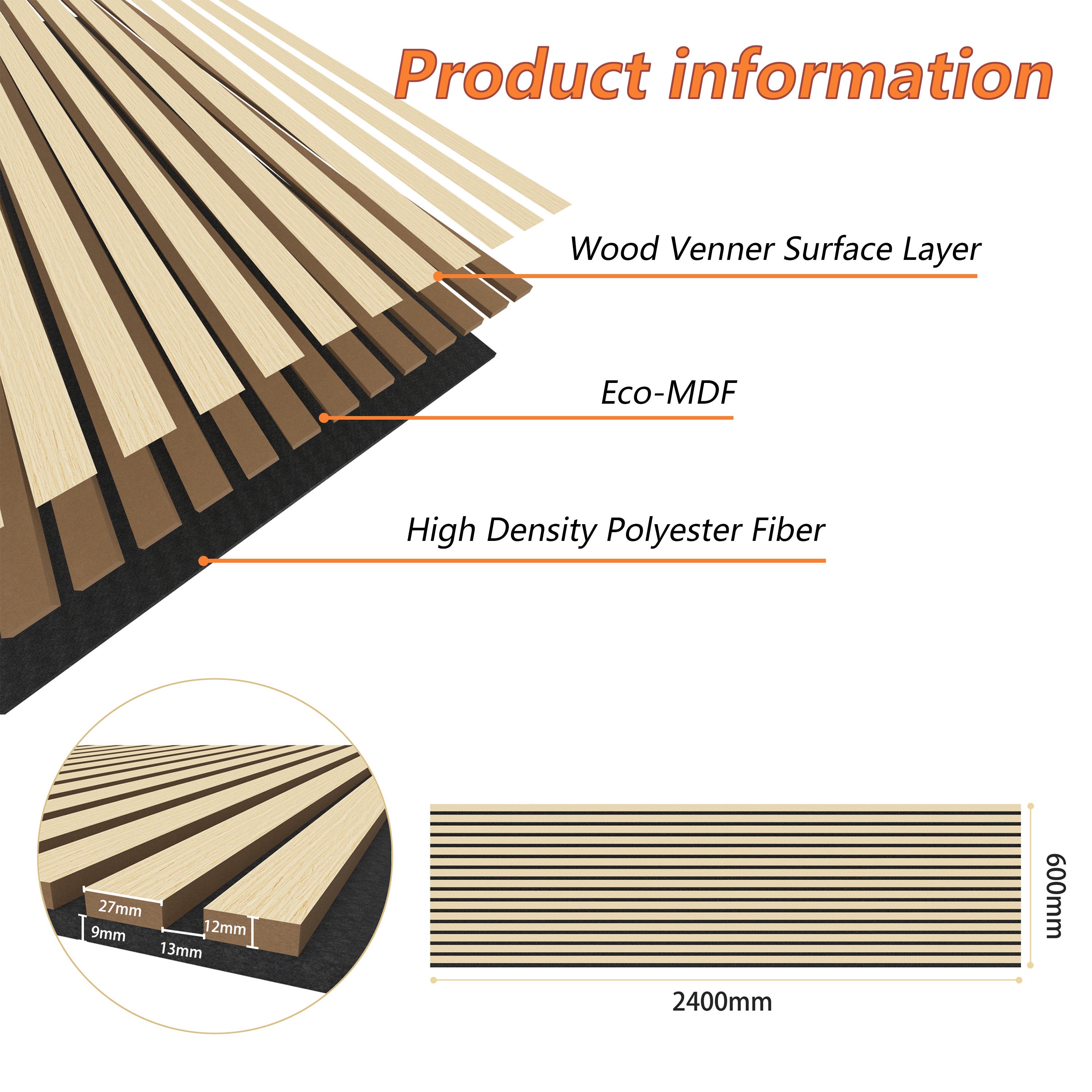 Lot de 2 Panneaux Muraux Décoratifs Acoustiques Bois MDF 240x60cm couleur chêne AntiBruit, Facile à Poser - 3