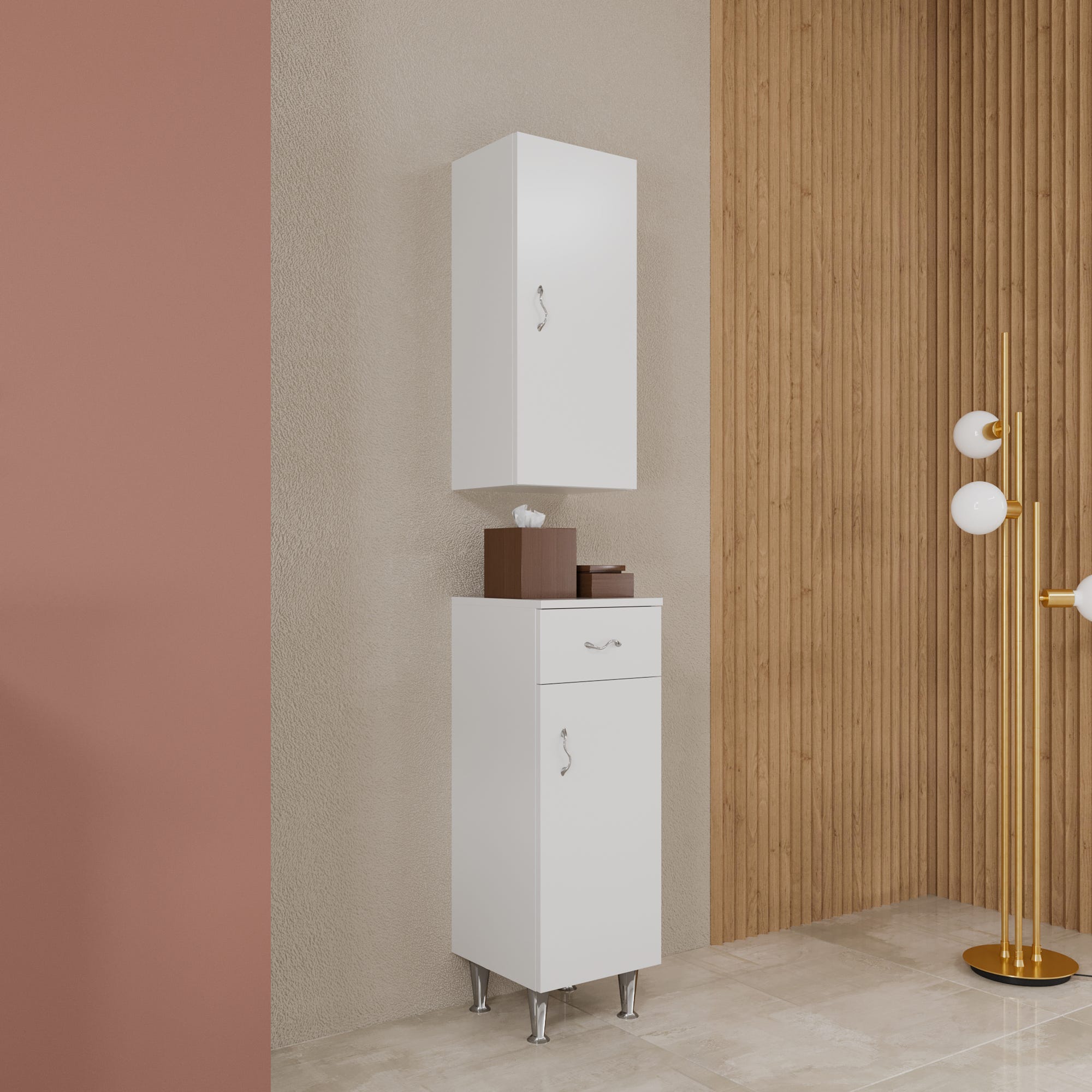 Mobiletto Colonna Per Bagno Blishom - Alto 170 Cm, Bianco, Con Cassetto E Ripiani Regolabili, Salvaspazio