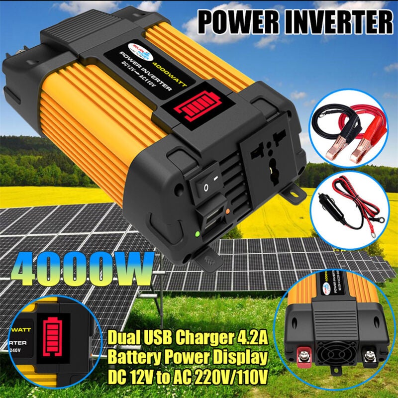 Convertisseur de tension 4000W DC 12V à 220V Double chargeur USB 4.2A Protection surcharge et courts-circuits Affichage puissance batterie - 2