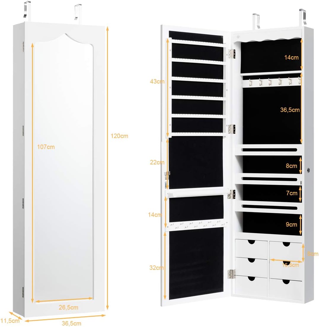 Armadio portagioielli con 5 Luci LED, Porta che Si Chiude, Armadio Portagioielli Montato a Muro con Specchio e 6 Cassetti, Organizer Gioielli con Tant - 5