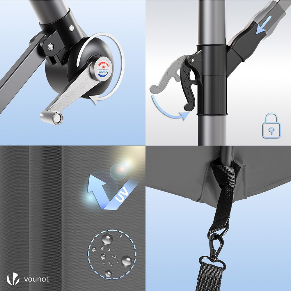Parasol déporté inclinable 3M avec sangle de fixation et housse de protection Gris - Inclinaison réglable - Rotatif 360° - VOUNOT® - 7