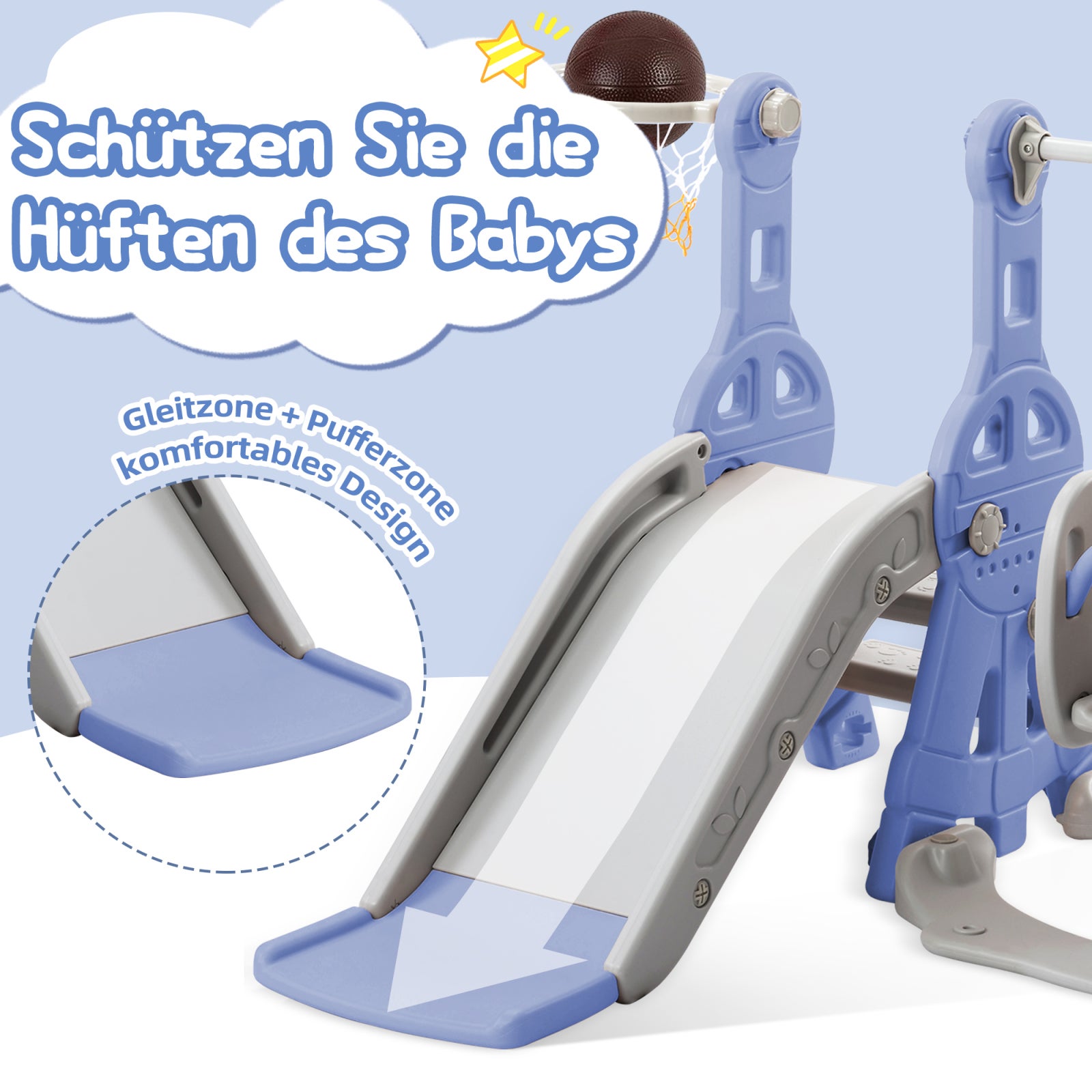 Toboggan Enfant 4 en 1 Toboggan Bebe avec Balançoire et Panier de Basket pour Les Enfants de 1 à 6 Ans, Aire de Jeux Intérieure et Extérieure, Bleu - 7