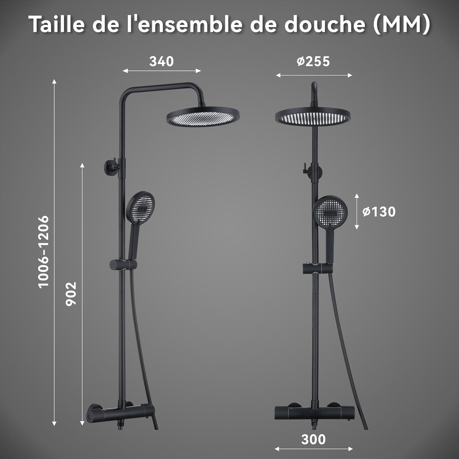 Colonne de Douche Thermostatique, Ensemble de Douche Hauteur Réglable sans Percement Supplémentaire Noir avec Douchette 3 Jets, Mitigeur en Laiton - 8