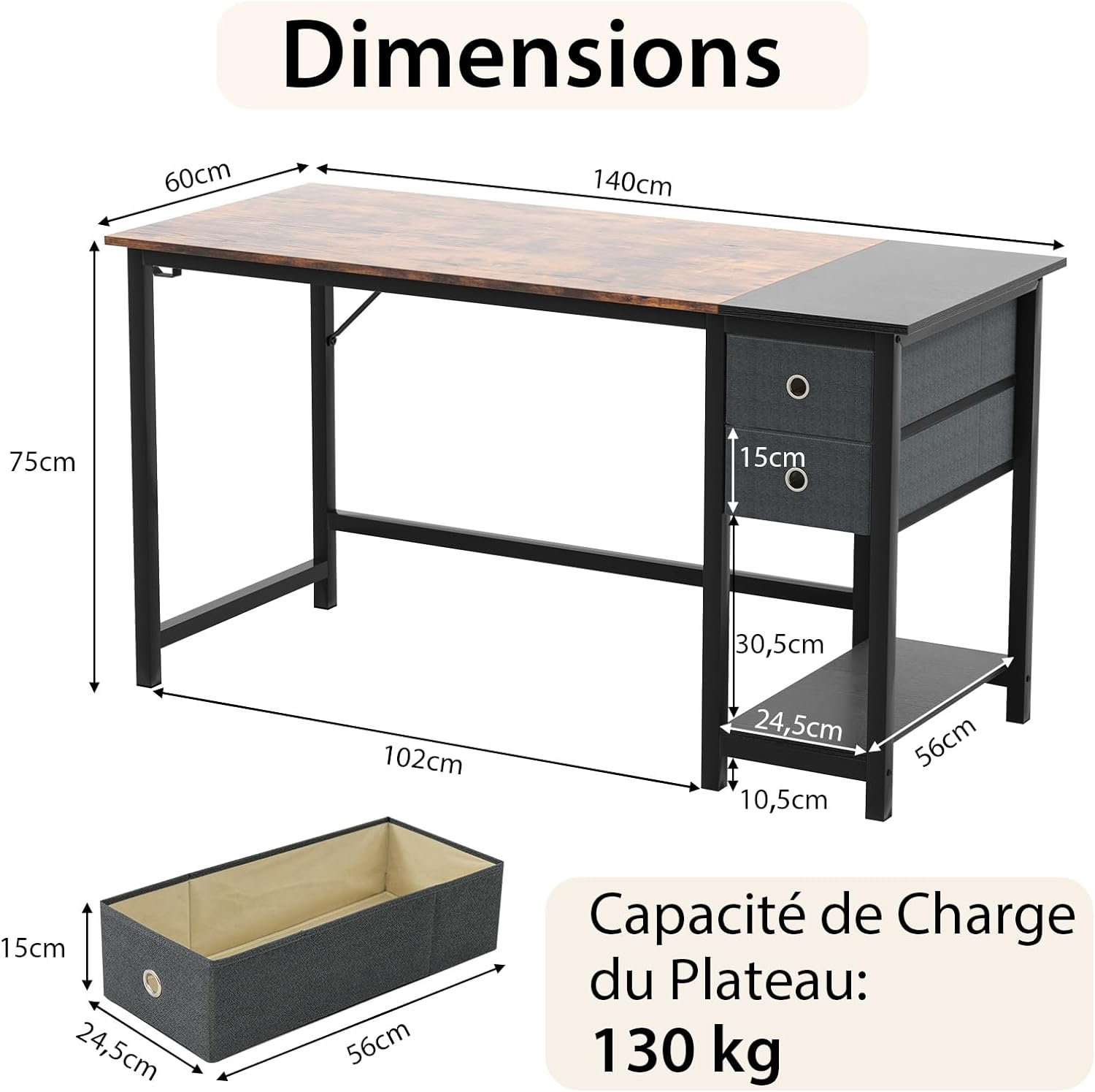 Scrivania da 120CM/140CM, Scrivania con 2 Cassetti, Gancio e Ripiano, Scrivania Moderna e Multiuso per Studio, Ufficio e Camera da Letto, Marr - 4