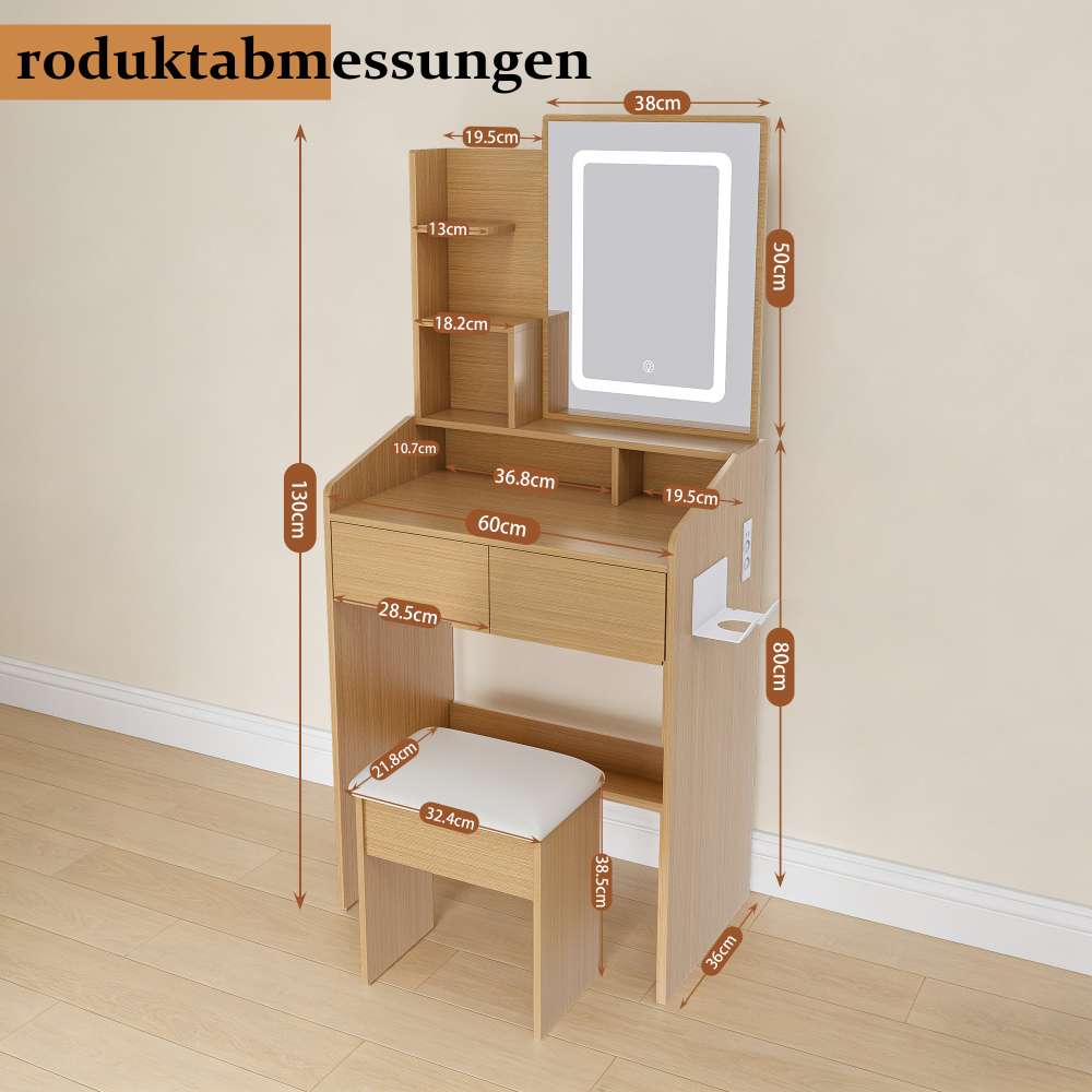 Coiffeuse LED MDF couleur bois naturel 60x36x130 cm miroir éclairé USB tiroirs tabouret rembourré - 7