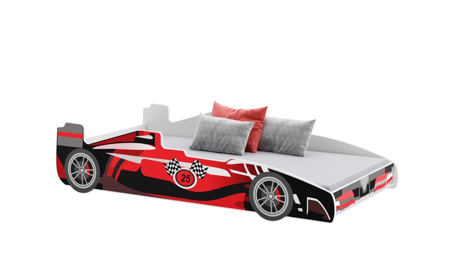 Czerwone łóżko dziecięce w kształcie samochodu 160x80 cm – W zestawie materac i kompletna konstrukcja, sportowy i zabawny design