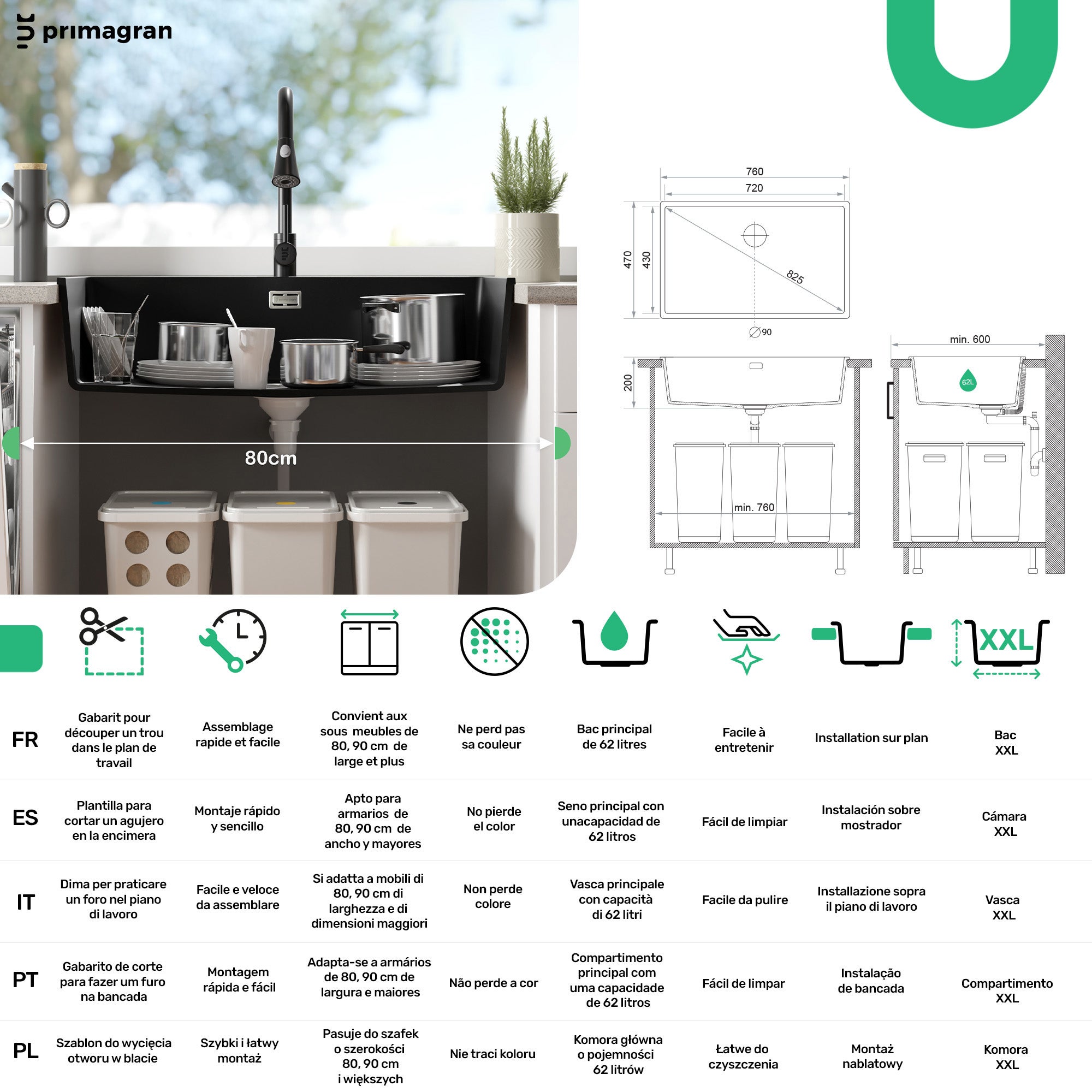 Lava-louça de pousar Branco 76x47cm, Pia de Cozinha 1 cuba + Kit de drenagem, Pia em Granito em armários de 80cm - Madrid PRIMAGRAN - 6
