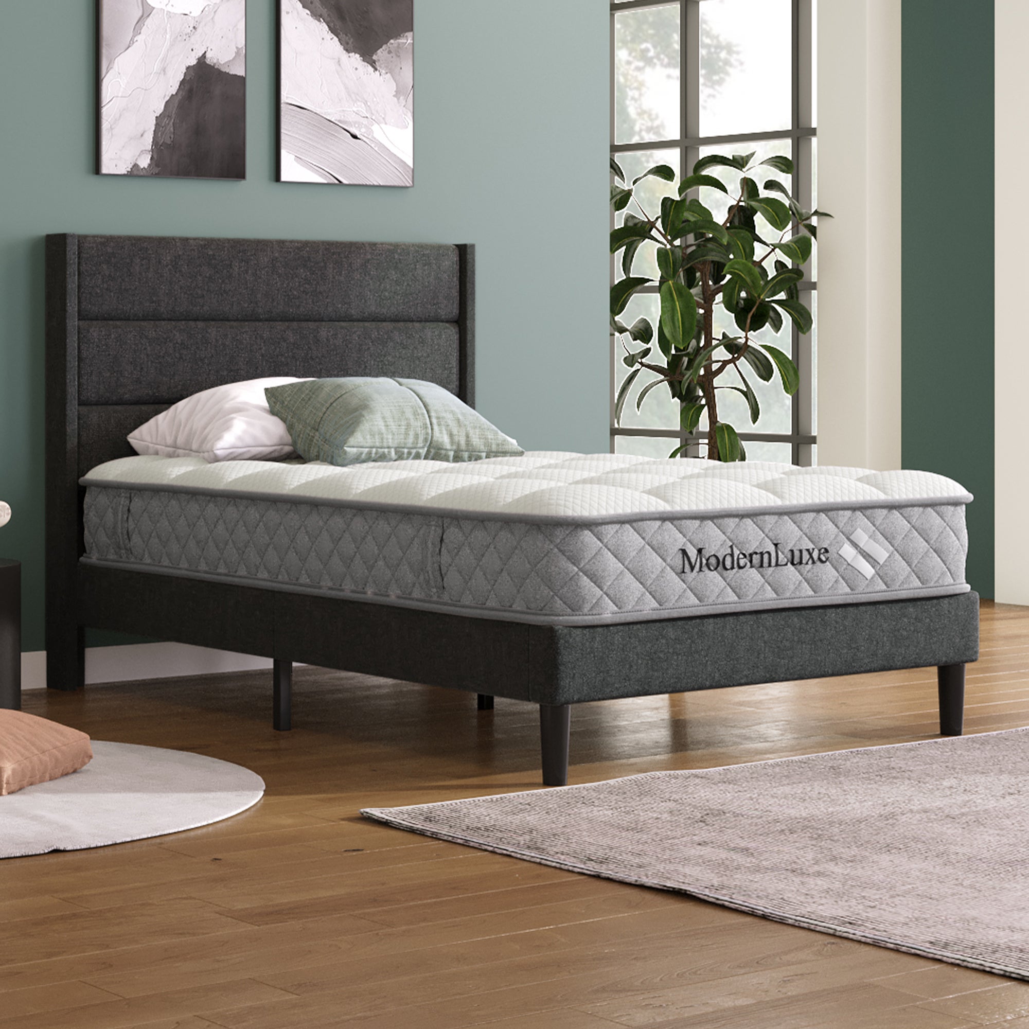 Lit 90x200 cm z poduszką i materacem - Poduszka na głowę z wypełnieniem - 7 stref ortopedycznych - Tkanina lnianka szara - Wsparcie ergonomiczne