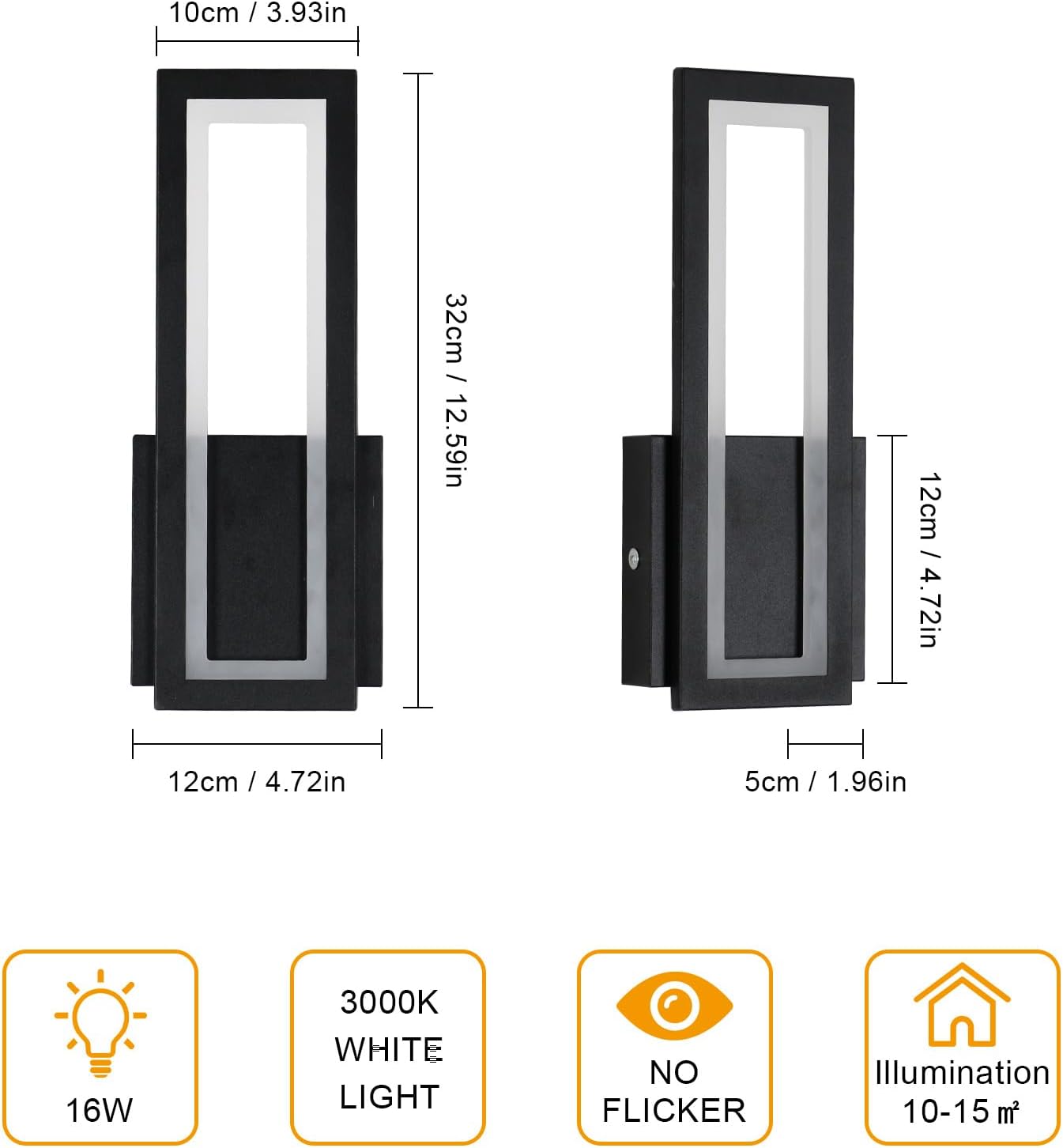 Set di 2 Applique da Parete LED Rettangolari - Nero - 32x12.5cm - Luce Calda 3000K - 12W (reale) - 5
