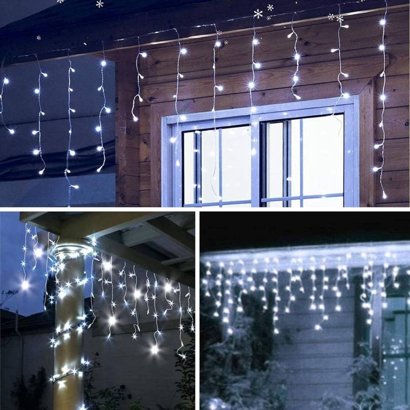 Guirlande Stalactite Blanc Chaud 10m 260 Led Câble Transparent 8 Programmes Extensible