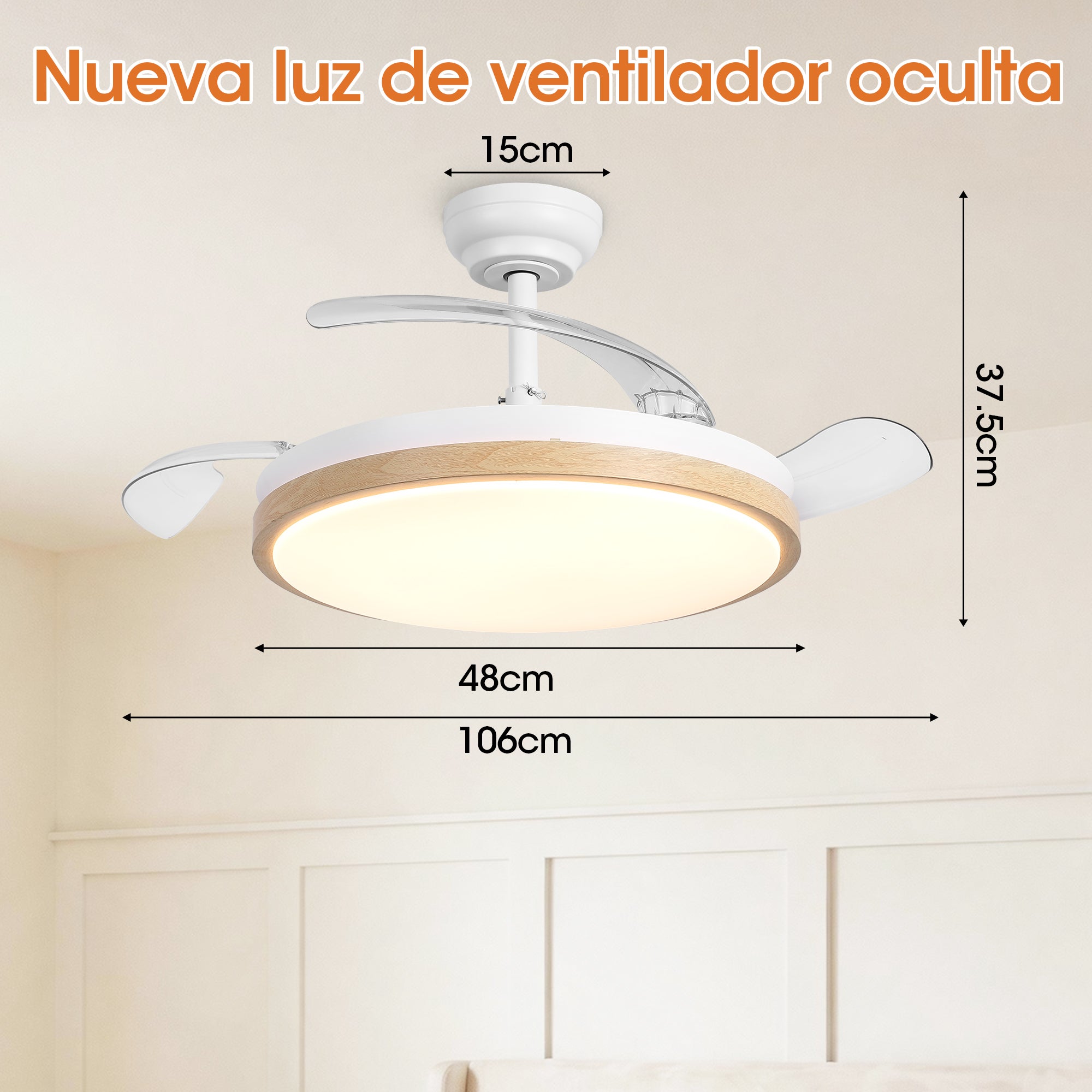 Ventilador de techo retráctil con luz LED 106 cm DC silencioso con mando Parrot Uncle blanco efecto madera 6 velocidades invierno-verano - 7