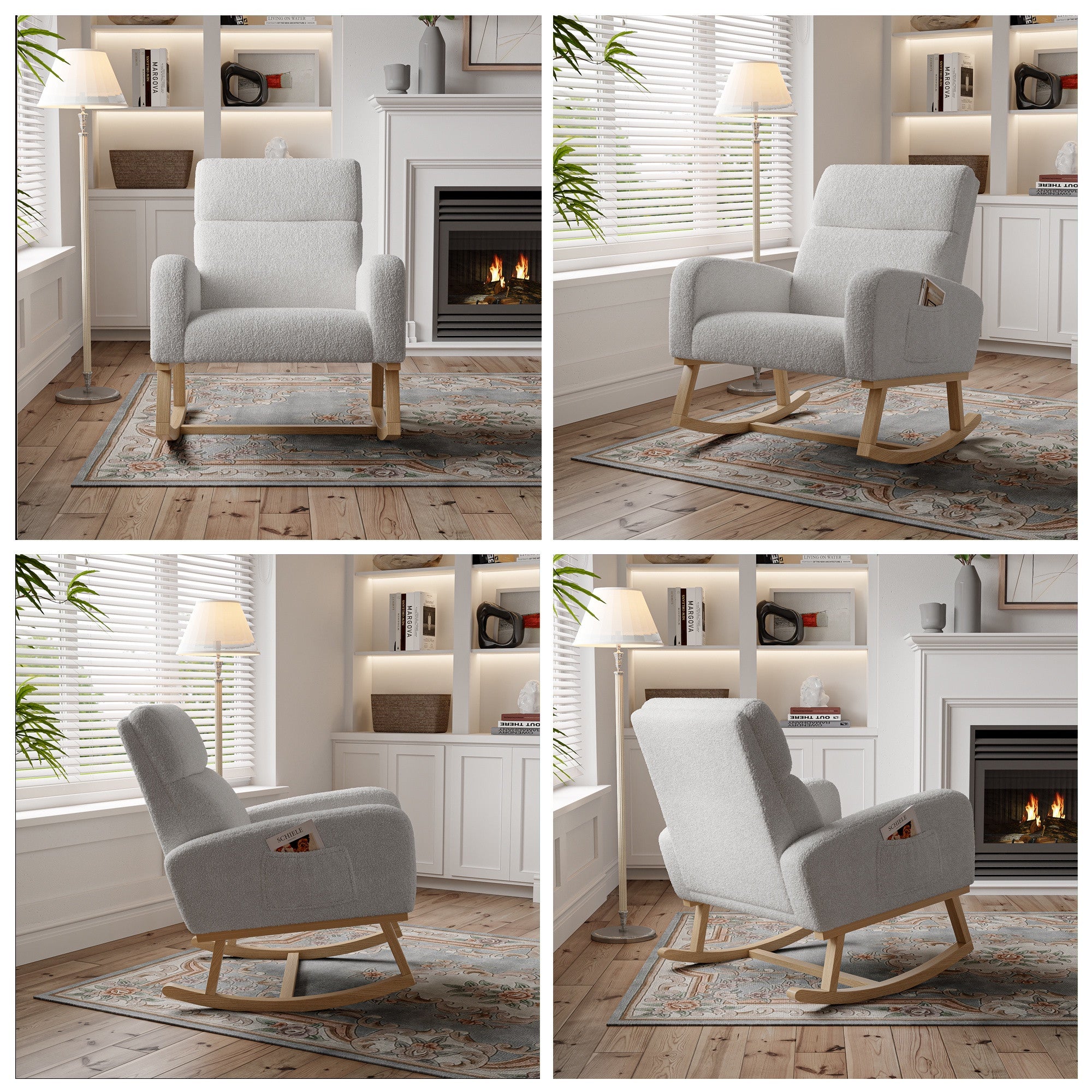 Fauteuil à Bascule - Confort Ergonomique - avec Poches Latérales et Bois Massif - 69.2x78.5x87cm - en Tissu Bouclée Gris Clair - 8