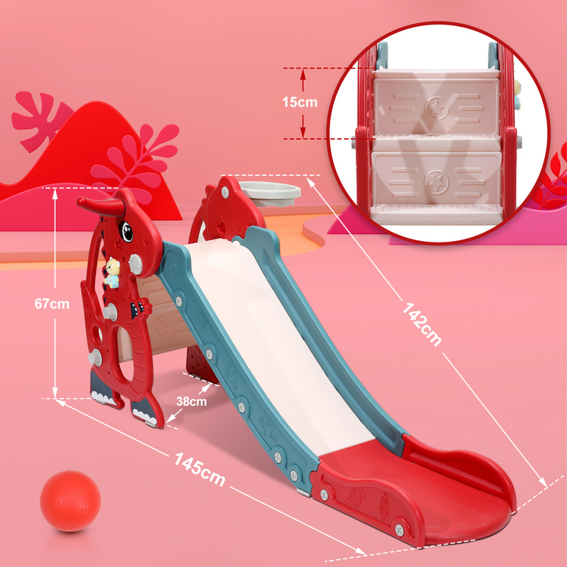 Toboggan pour enfants 4 en 1 Aire de jeux pliable avec panier de basket Anneau de lancer Apprentissage de l'anglais rouge - 2
