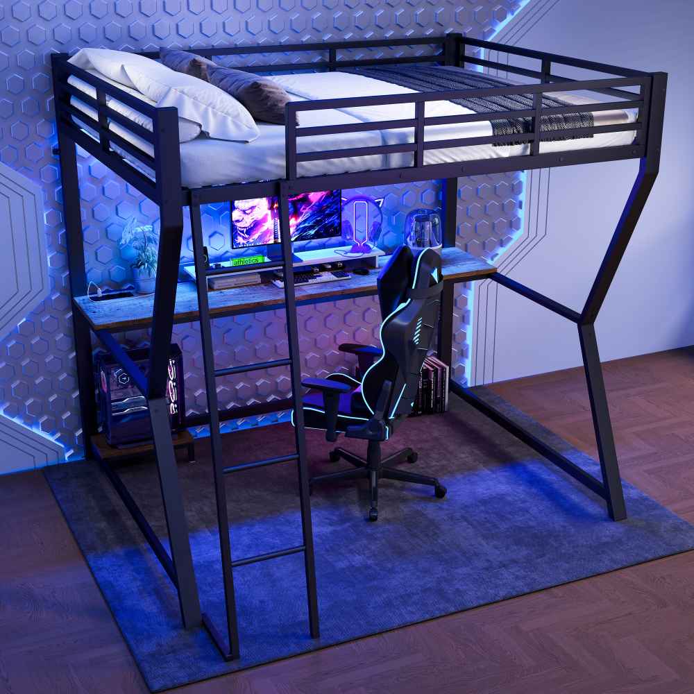 Lit mezzanine 140x200cm avec LED, bureau multifonction, support PC ...