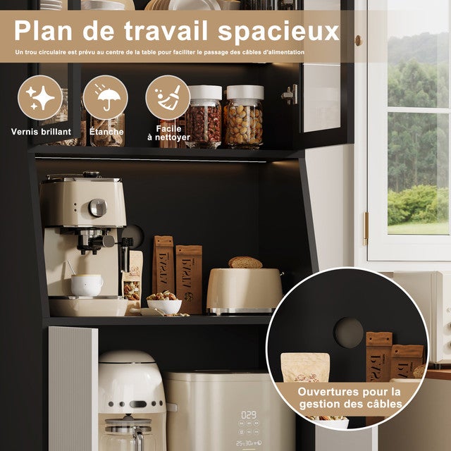 Armoire de Cuisine Colonne 180cm, Buffet avec Éclairage, Étagères Réglables, Plan de Travail et Portes en Verre Transparent, 70x40x180cm - 7