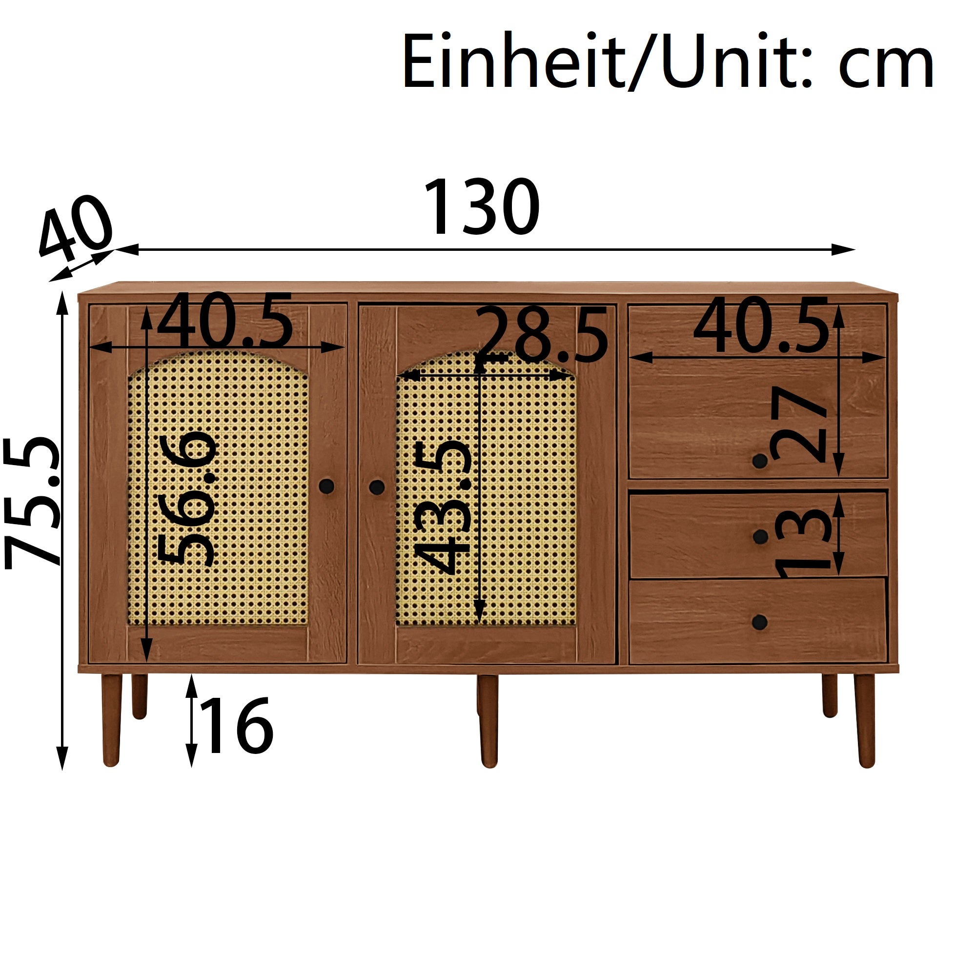 Buffet 130x75,5x40 cm, style rustique, fermeture magnétique, étagères ...
