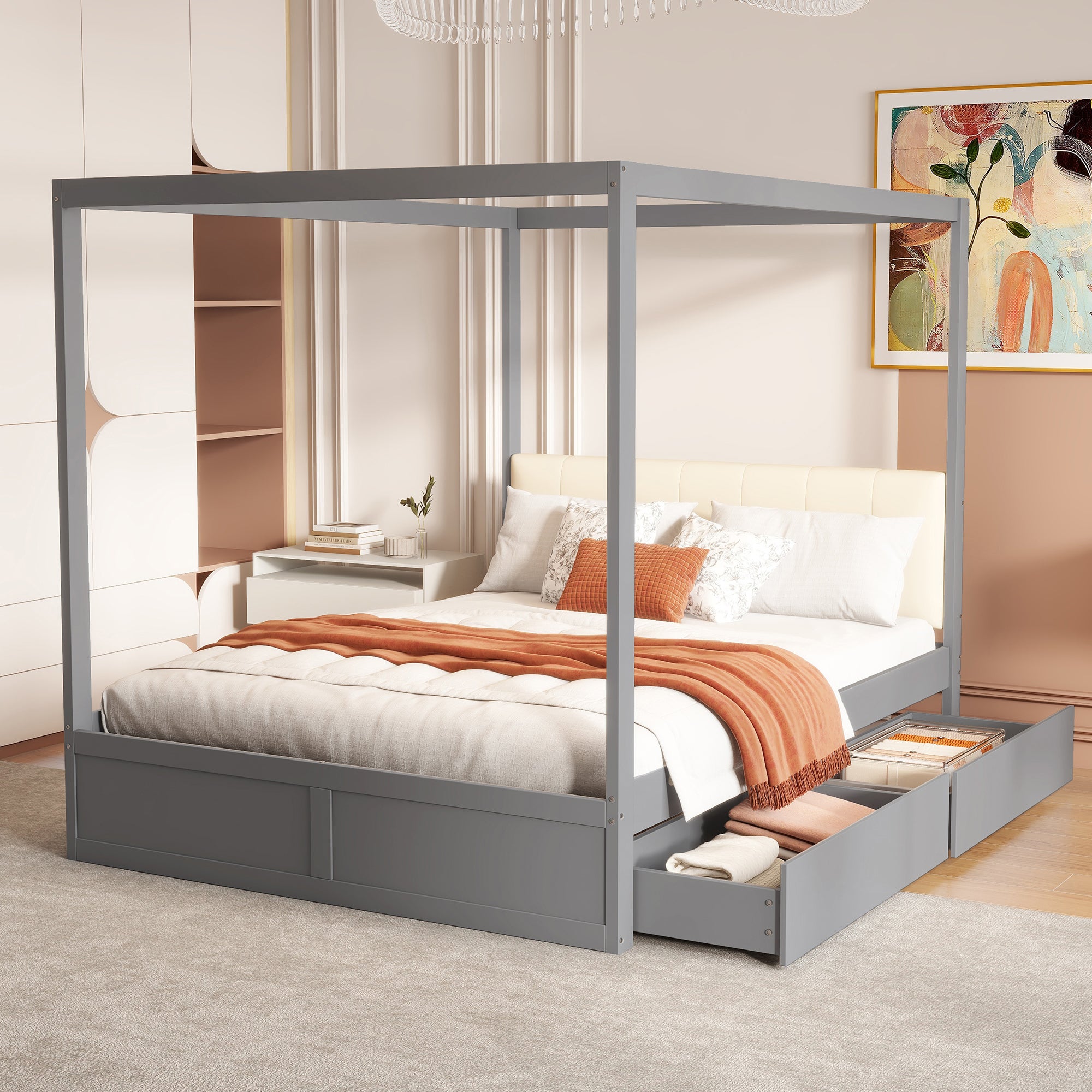 Bett Zelt 140x200 cm - Gepolsterte Rückenlehne, 2 Schubladen, Biały/Grau, Massivholz