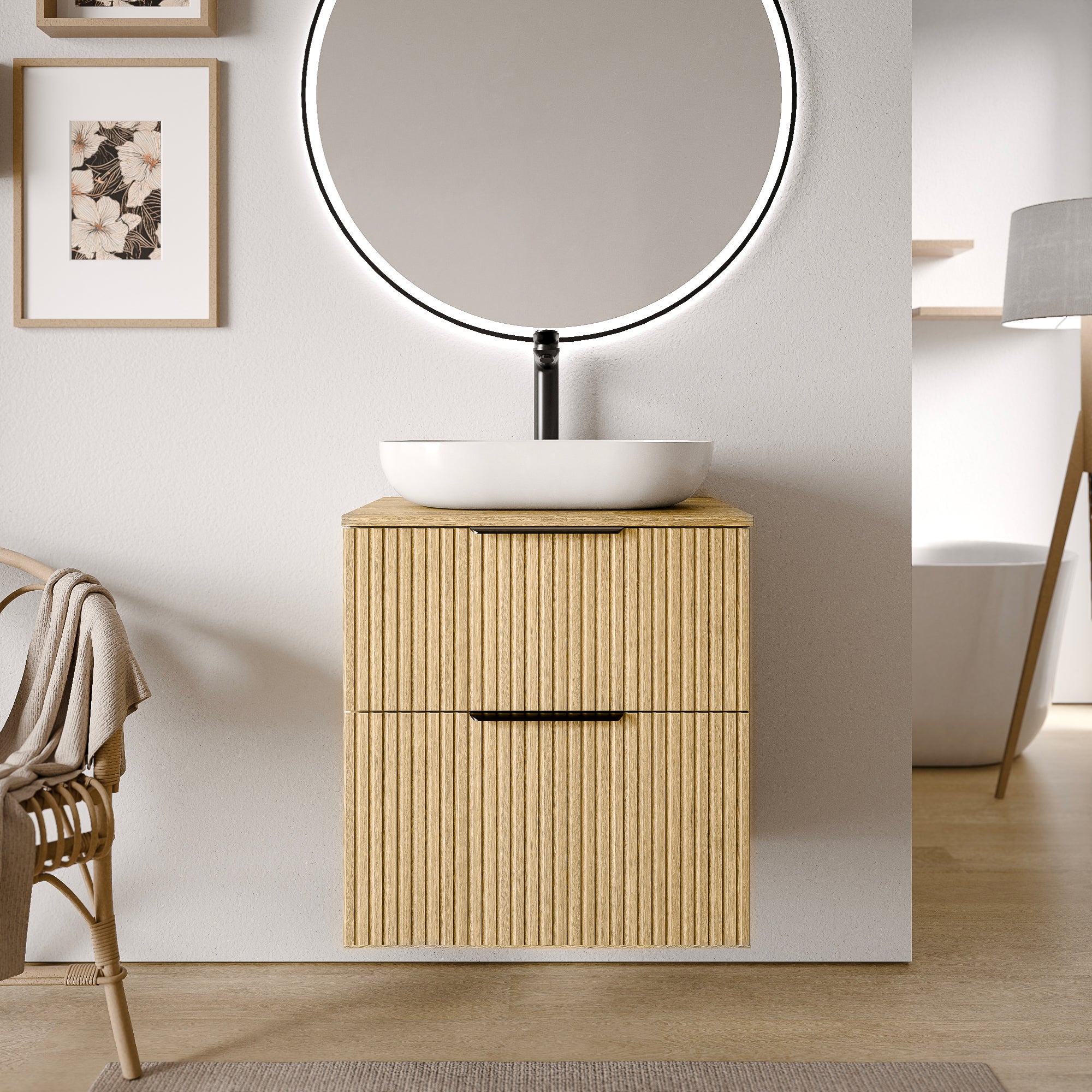Bernstein - mueble lavabo suspendido mdf roble estriado 60x46x62cm, encimera de lavabo blanco mate + tirador cromado - tim60