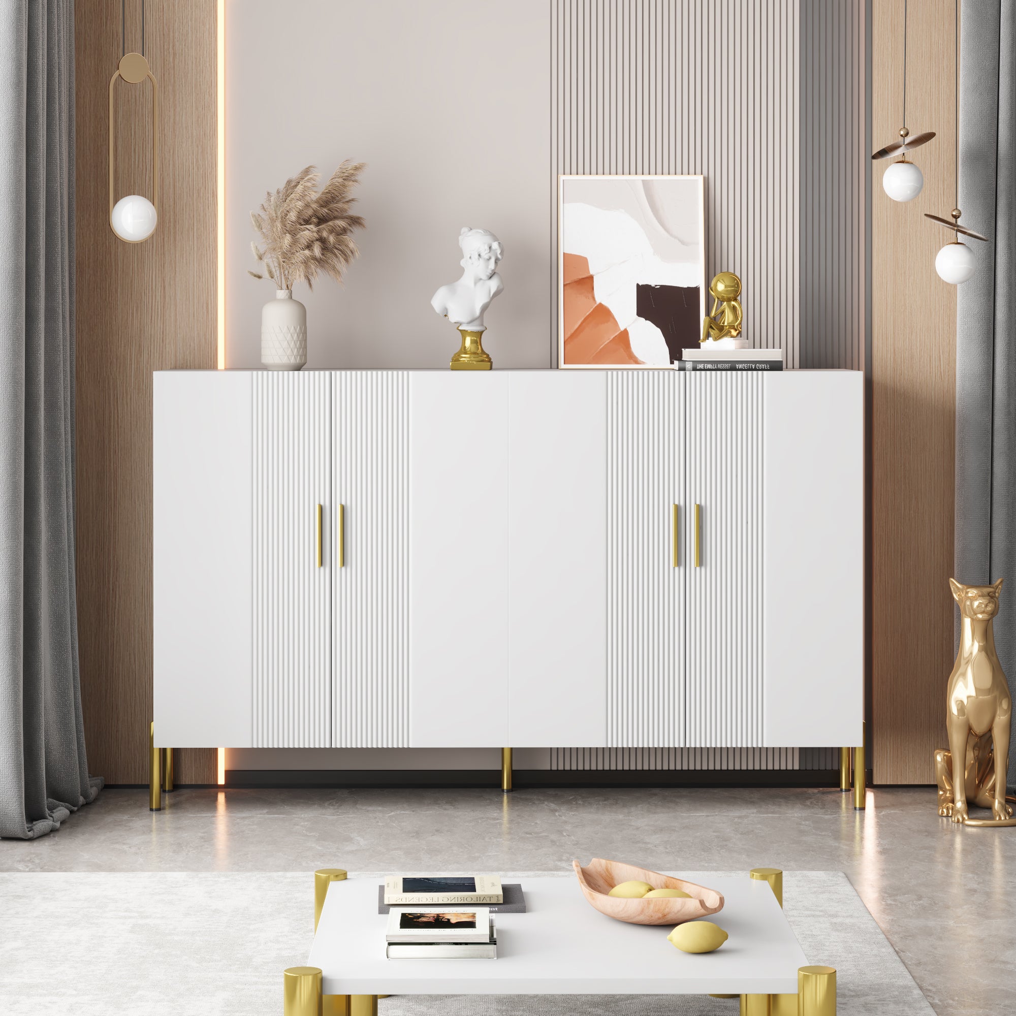Buffet moderne avec 4 portes - 160 x 36.5 x 100 cm - Panneaux de particules - pour salle à manger - Blanc - 6
