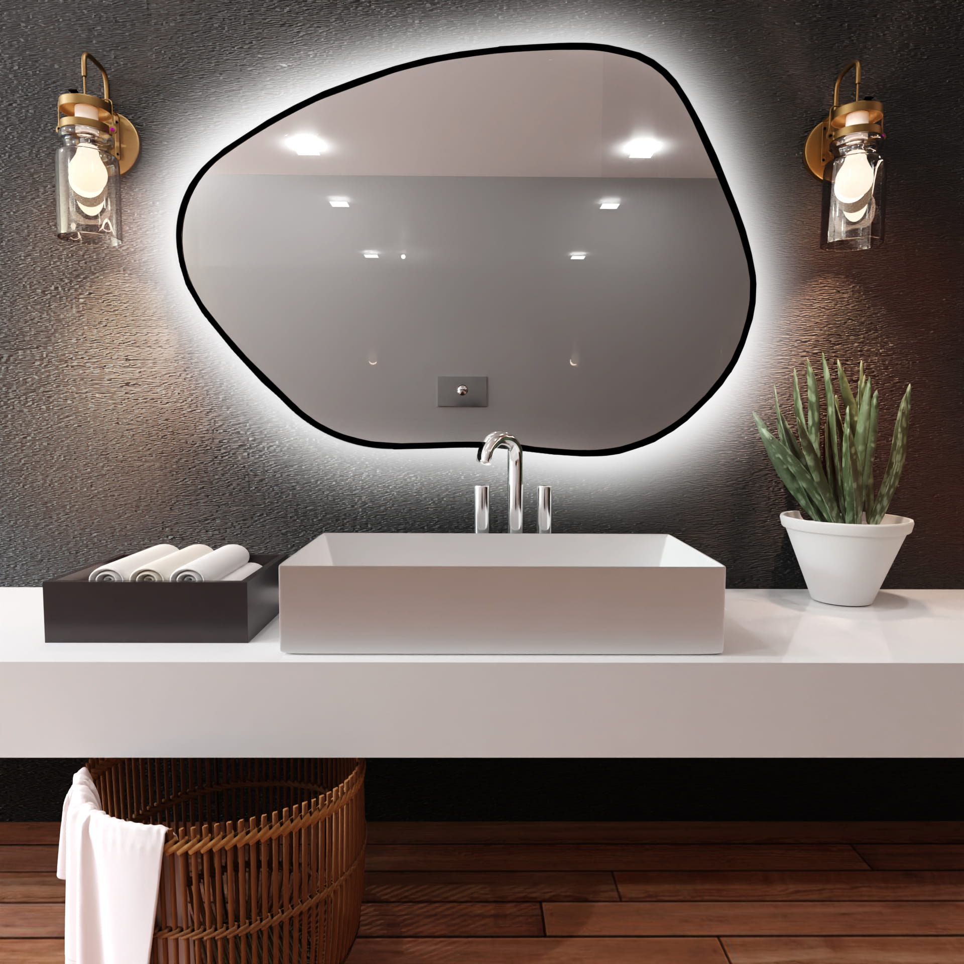 Lustro nieregularne Tiny Border Stain I 80x57 ramka czarna barwa światła neutralna+mata