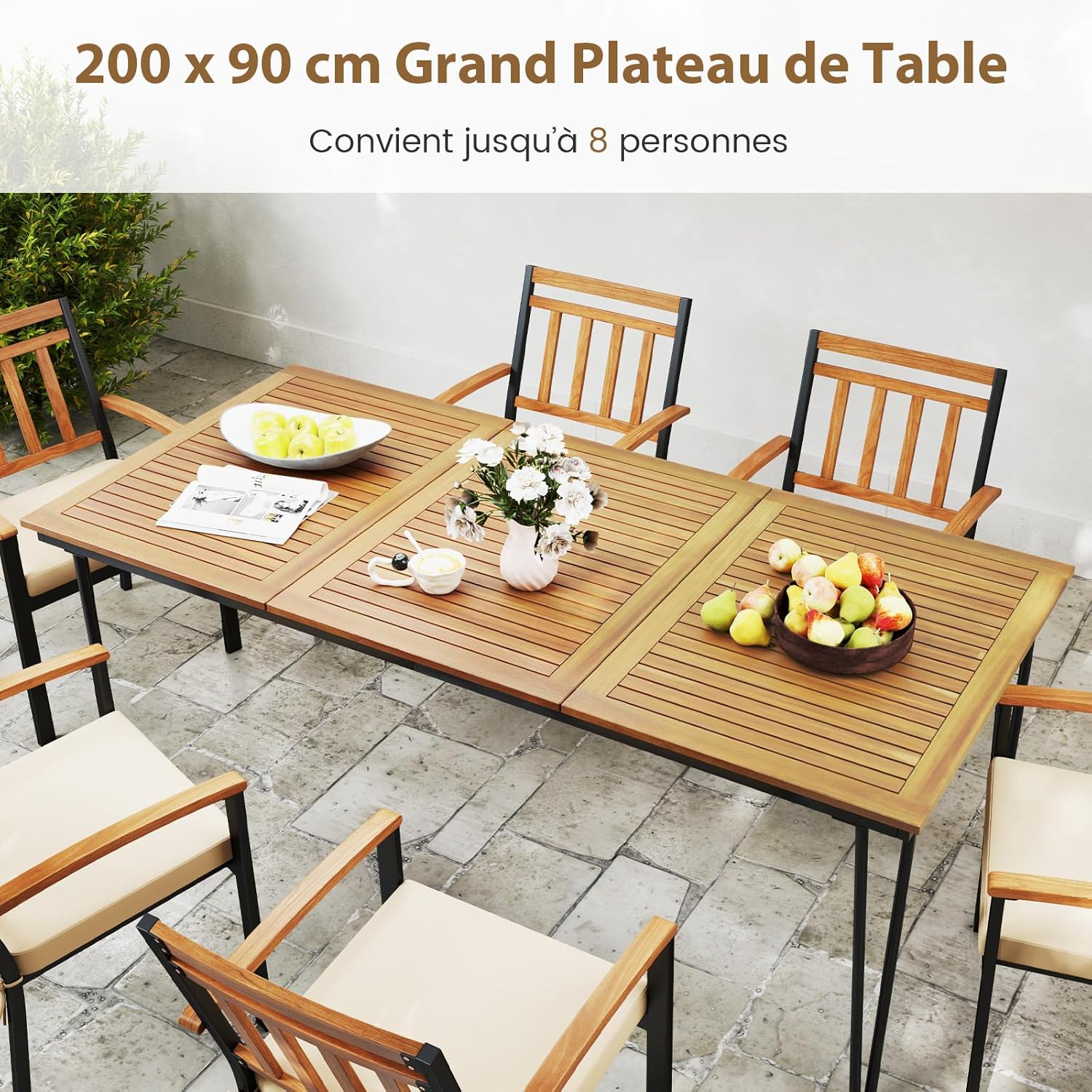 Table à Manger Extérieur en Bois d'Acacia-Certifié FSC pour 8 Personnes, Table de Jardin 200 x 90 cm Design Latte avec Trou φ5 cm pour Parasol - 2