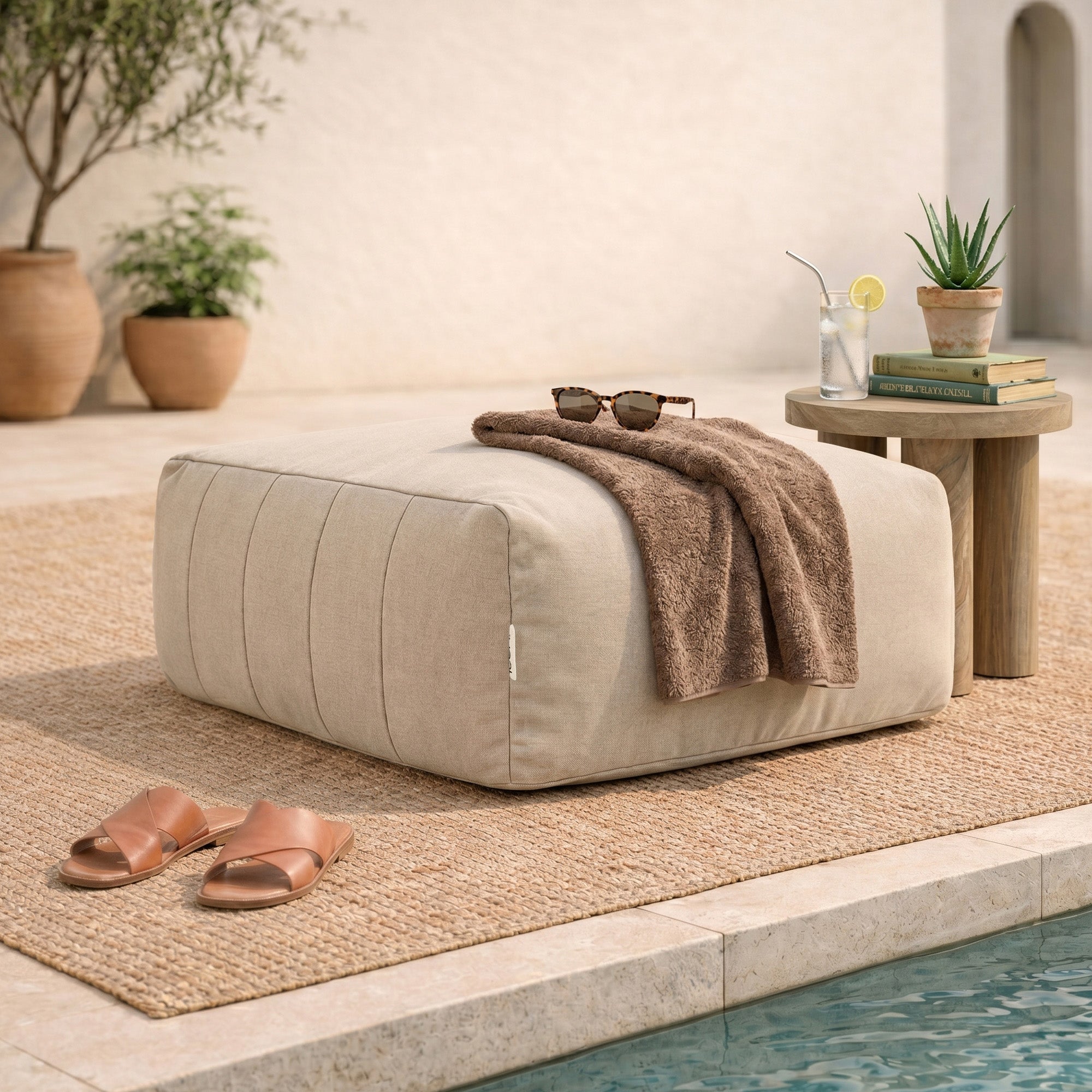 Pouf repose-pieds Icon de jardin modulable en oléfine Oeko-Tex® imperméable beige, 95x95x46cm - 2