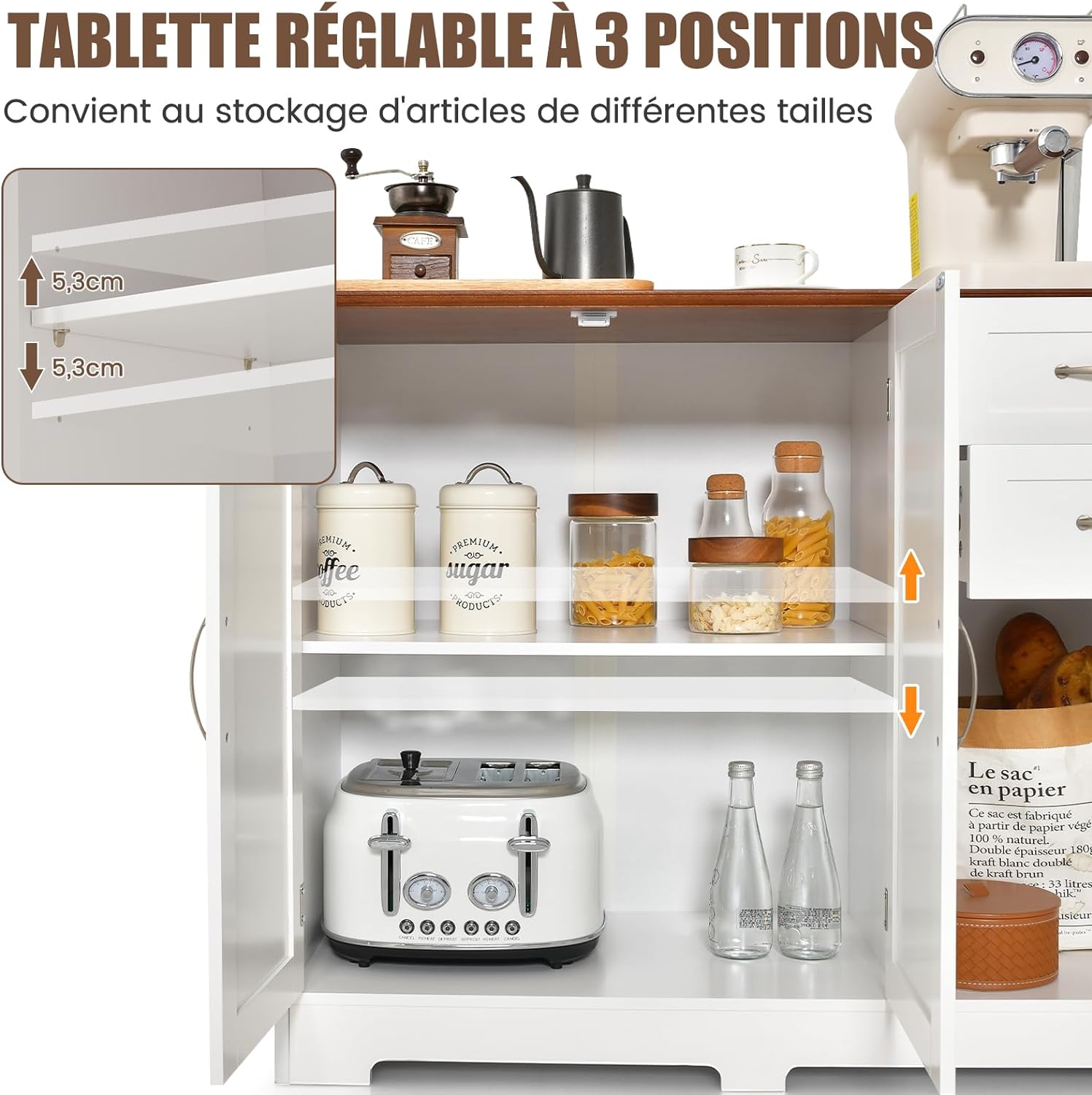 Buffet Cuisine, Meuble Bas Cuisine 2 Placards 2 Tiroirs, Salon, Blanc, 100 x 40 x 78 cm - 4
