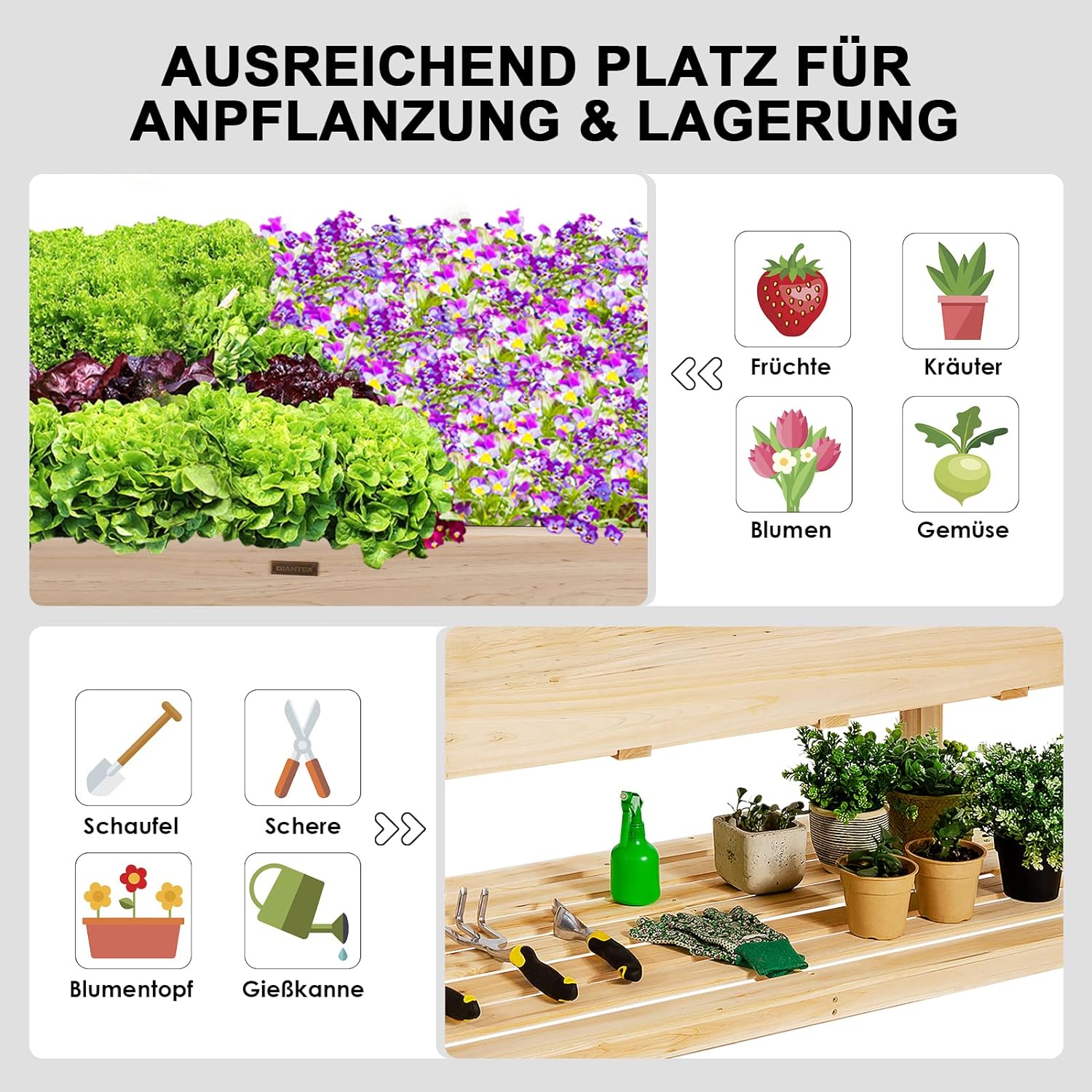 Lit Surélevé avec Roulettes, Lit de Jardin en Bois de Sapin avec étagère & Trous D'écoulement,Naturel, 120 X 59 X 84 cm - 3