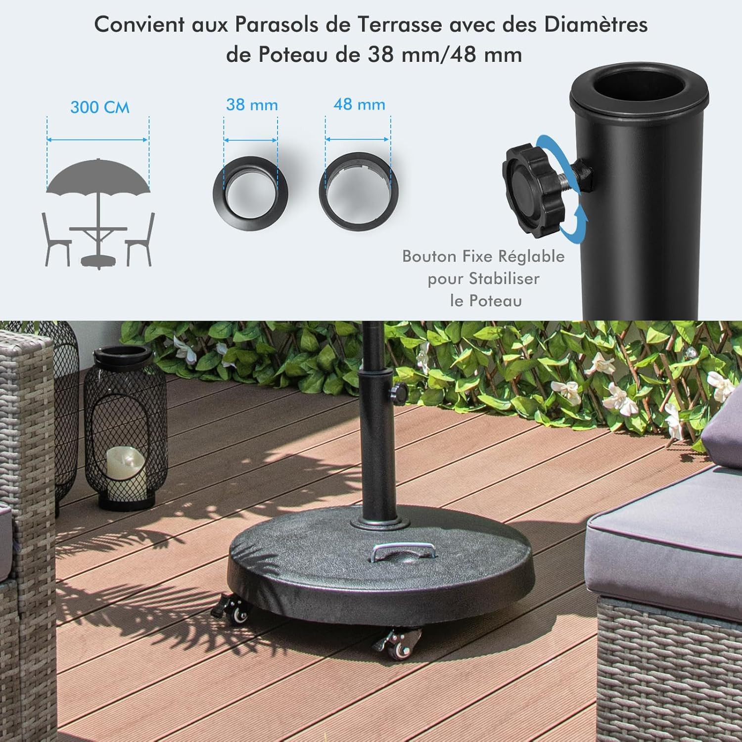 Pied de Parasol sur roulettes φ52CM 23KG, Socle Parasol Extérieur en Résine avec 2 Poignées Rétractables, pour Poteaux de Parasol 38/48 mm - 5