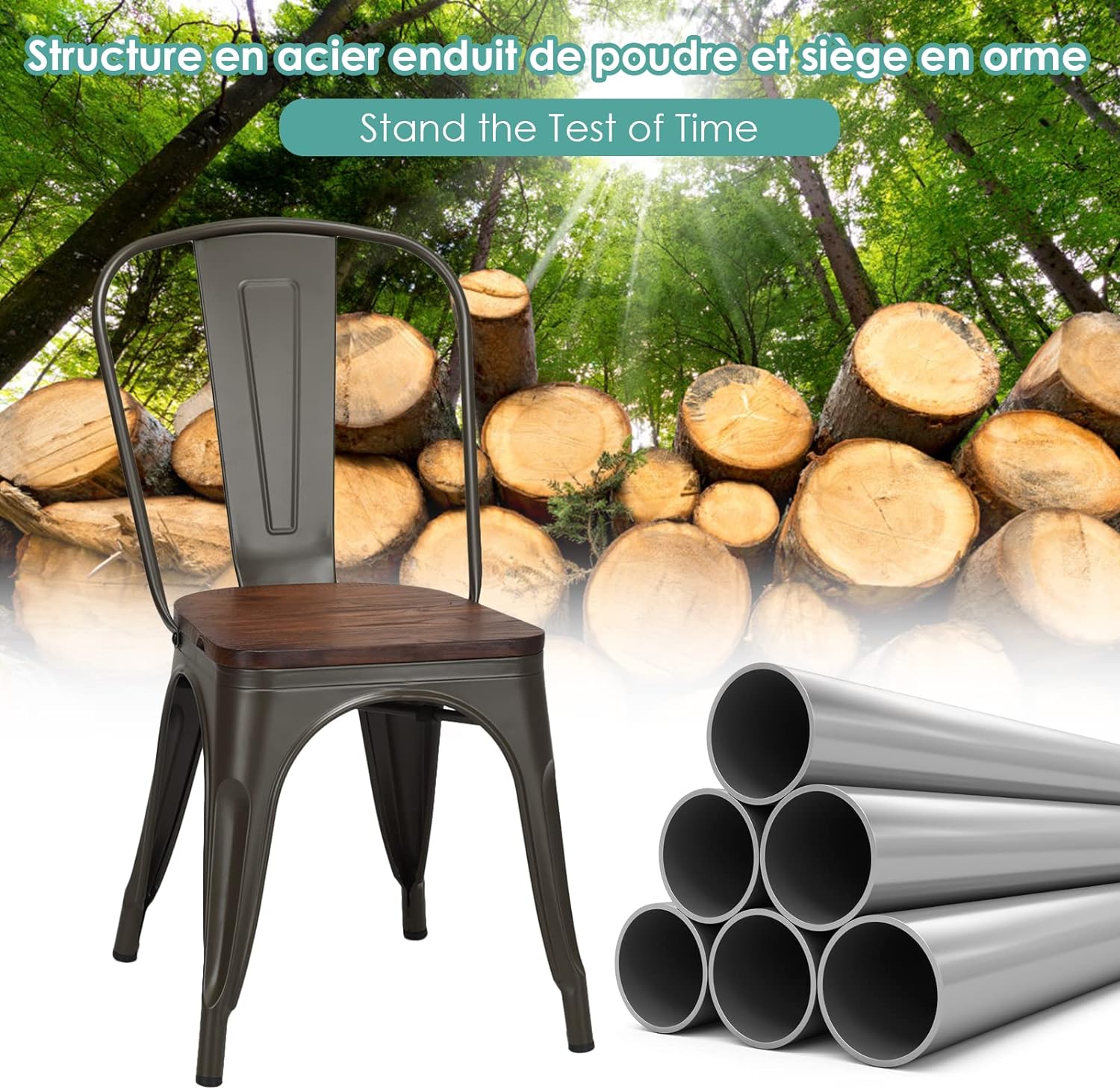 Lot de 4 Chaises en Métal Salle à Manger avec Assise en Bois d'Orme de Epaisseur 2cm, Style Industriel,Tabouret Empilable,Charge 150KG,Vintage - 6