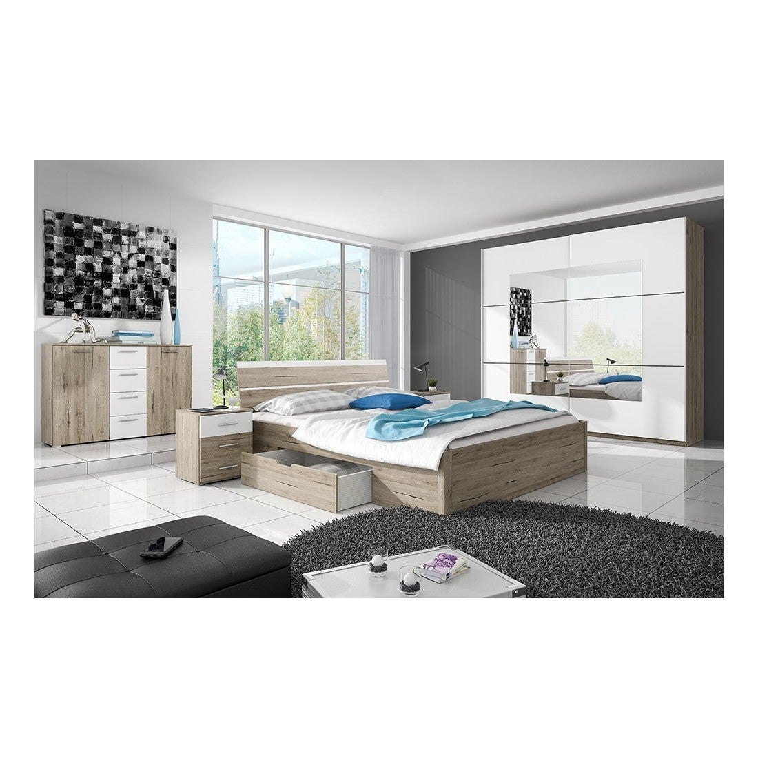 Commode design 2 portes et 4 tiroirs 130cm. Collection EOS coloris chêne clair et blanc - 2