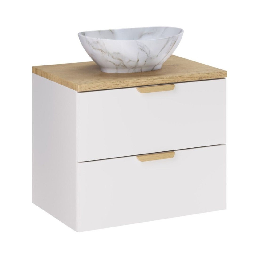 Conjunto para baño oster 60cm: mueble bajo lavabo con cajones + encimera para lavabo + lavabo sobre encimera blanco marmolado